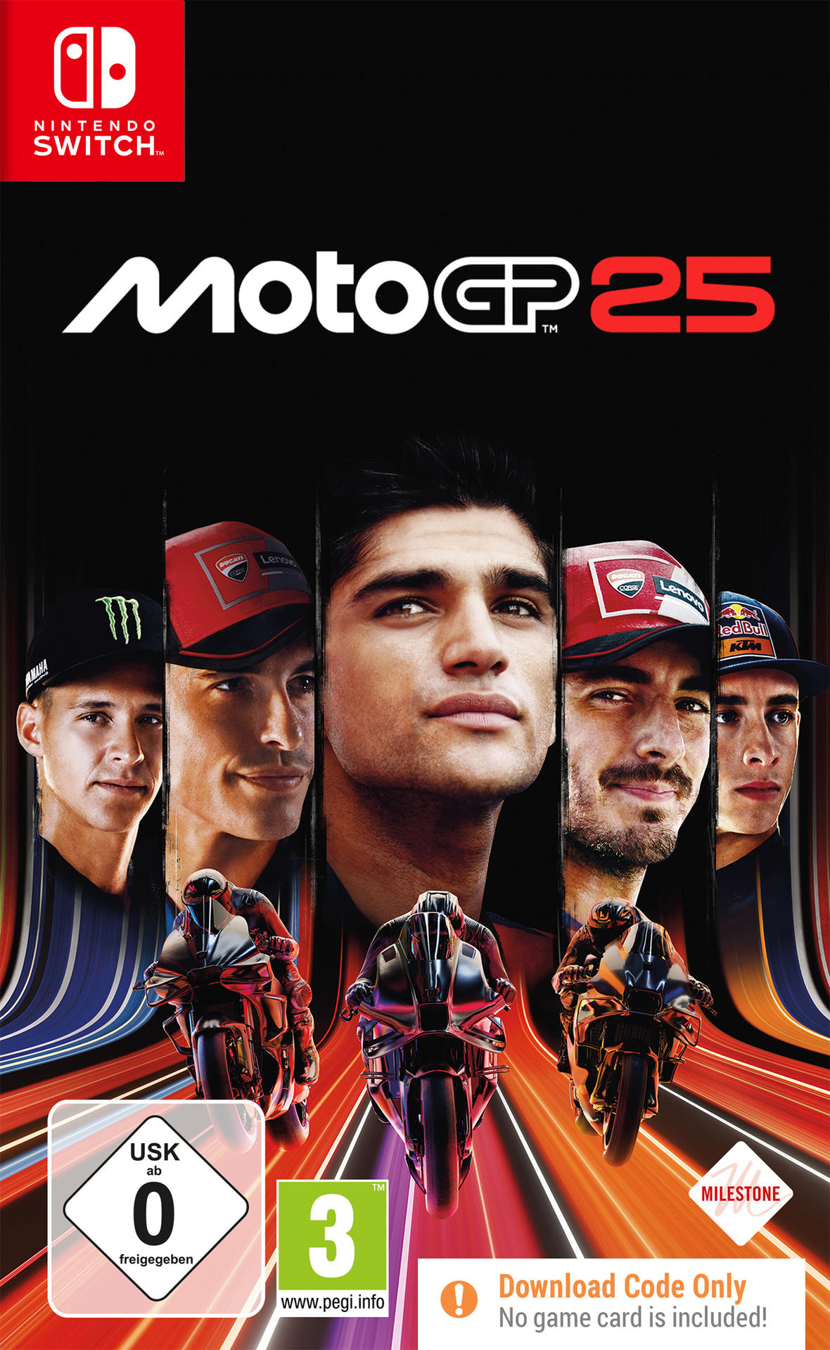 MotoGP 25-Spielcover. Zeigt Rennfahrerporträts über Motorrädern. Logos: Nintendo Switch, USK, PEGI und Milestone.