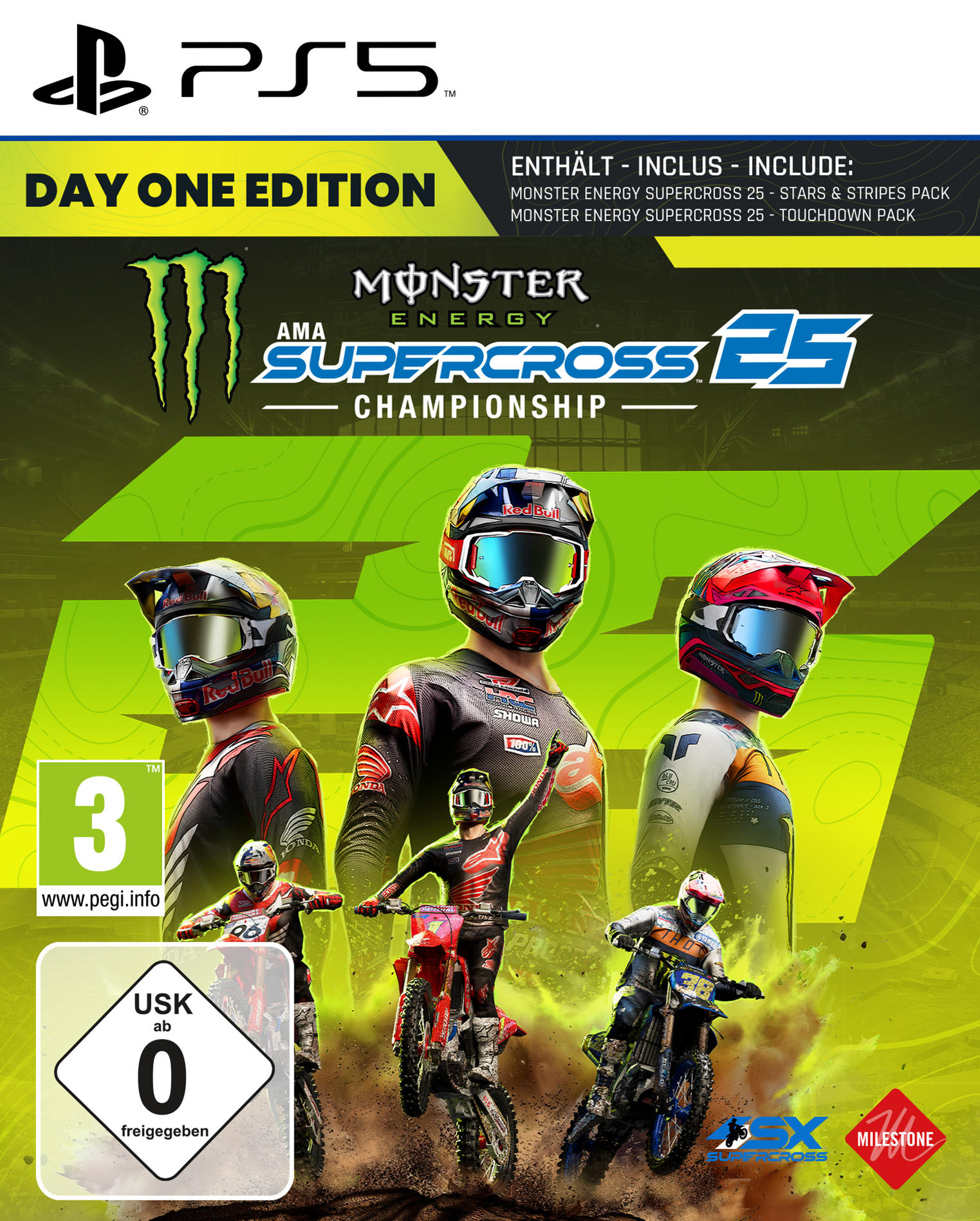 Spielcover für Monster Energy Supercross 25. Enthält Rennfahrer auf Motorrädern, Sponsorenlogos, das PS5-Logo und den Spieletitel.