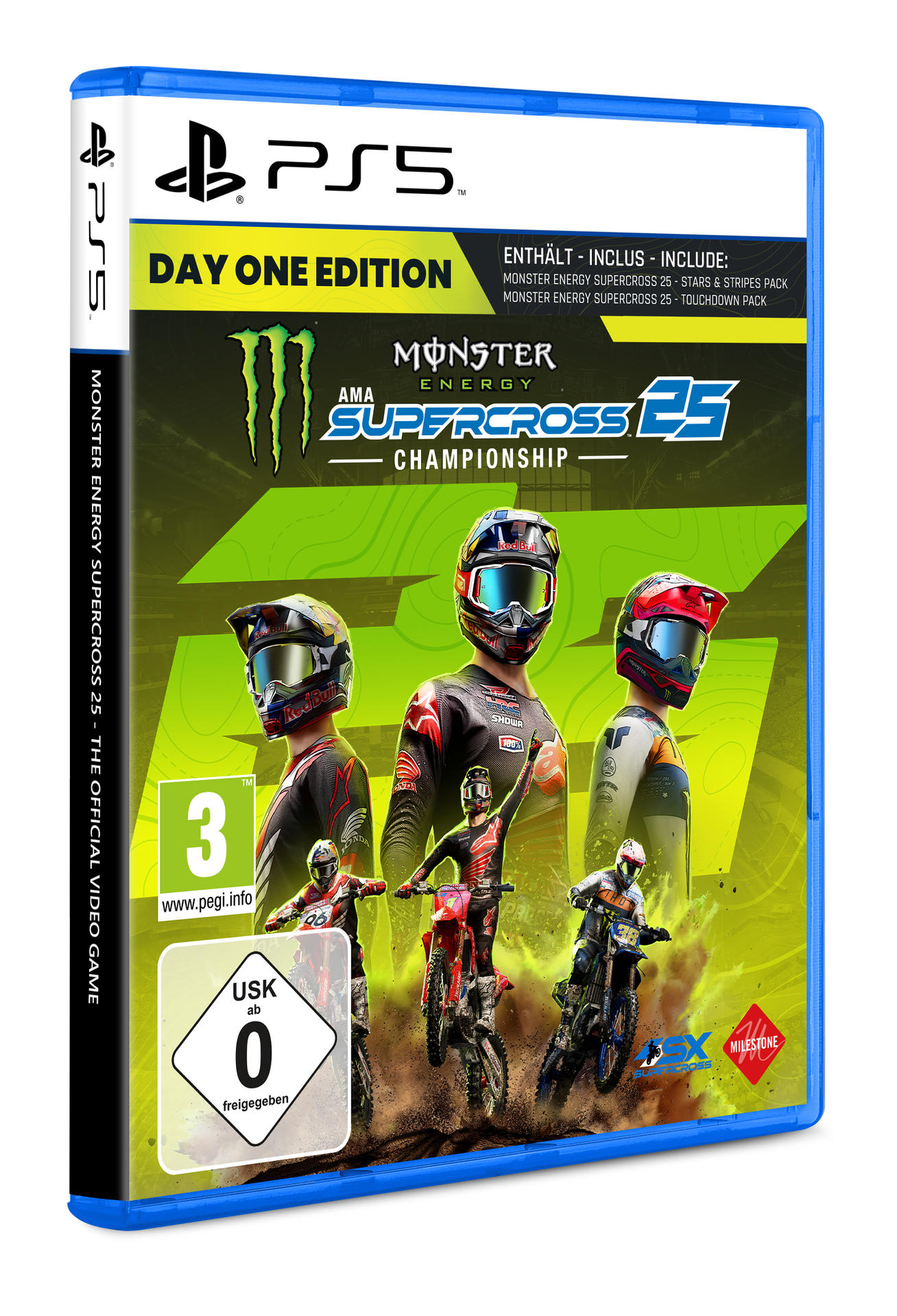 Spielverpackung für Monster Energy Supercross 25. Zeigt Rennfahrer auf Motorrädern, Logo und Spieldetails, mit blauem PS5-Gehäuse.