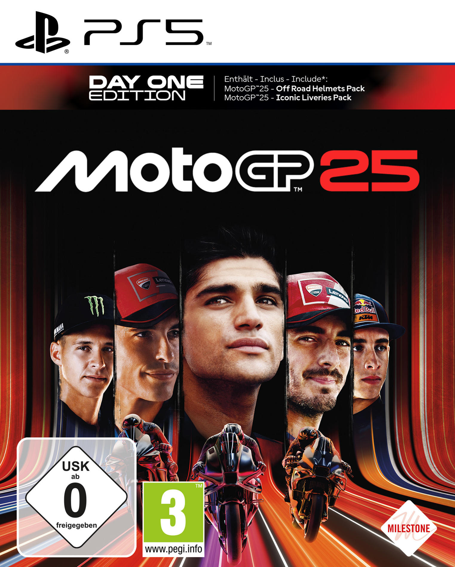 MotoGP 25 Spielcover. Zeigt Rennfahrer, Motorräder und Logos. Enthält Day One Edition, USK-Bewertung 0 und PEGI 3.