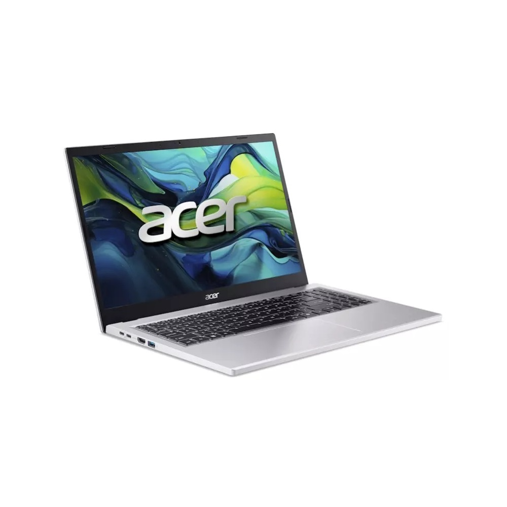 Ezüst Acer laptop fehér háttérrel. A képernyőn az Acer logó látható. Billentyűzet és érintőpad látható. A háttér fehér.