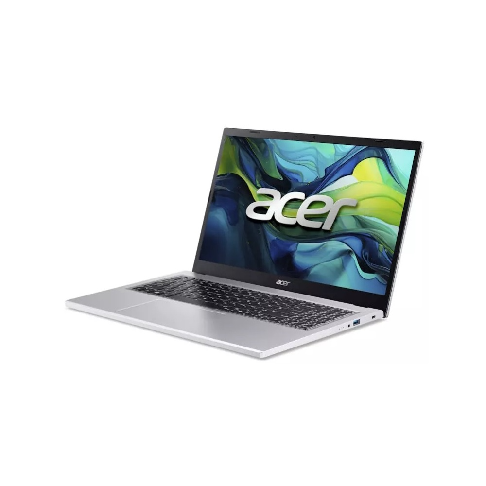 Egy ezüst Acer laptop enyhén nyitva van, színes képernyőt mutatva. Az Acer logója kiemelkedő, a háttér fehér.