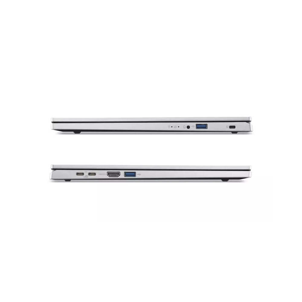 Két ezüst laptop, oldalnézet, USB, HDMI és töltő portokkal, fehér háttérrel.