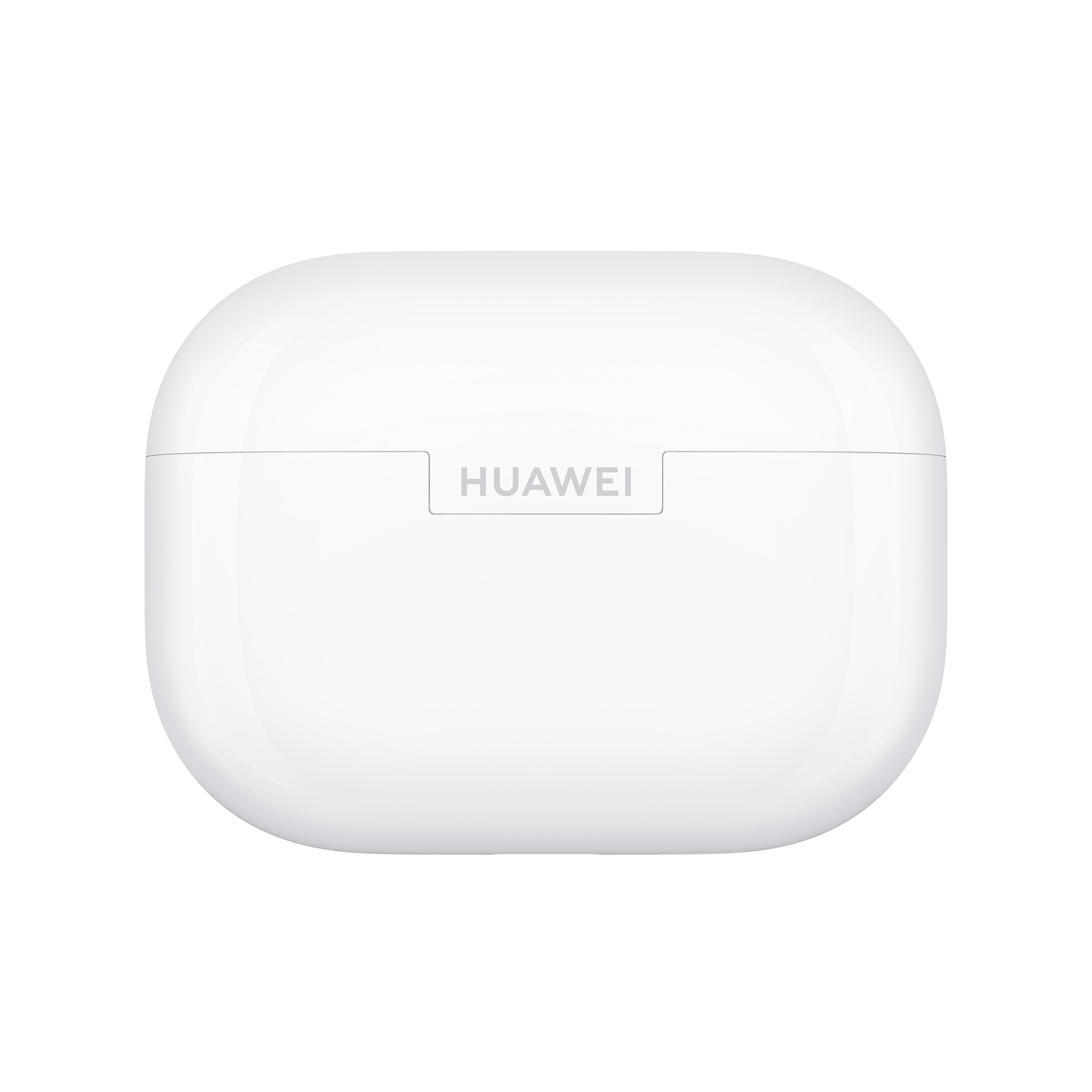 Ein weißes, ovales Etui mit Klappdeckel, auf dem der Markenname 'HUAWEI' in grauen Buchstaben steht.