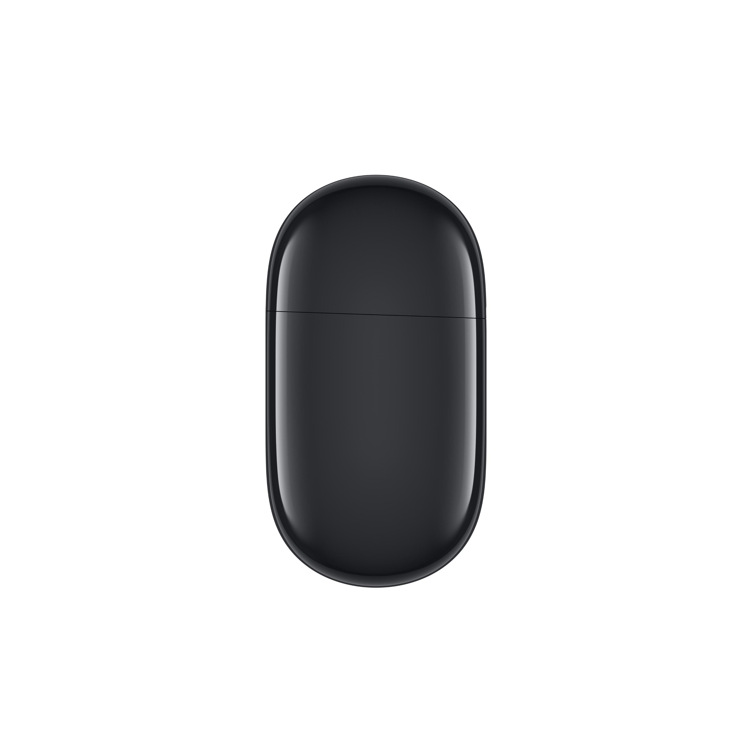 Ein geschlossenes, schwarzes, oval geformtes Ladeetui für Ohrhörer vor weißem Hintergrund. Eine dünne Linie markiert die Öffnung.