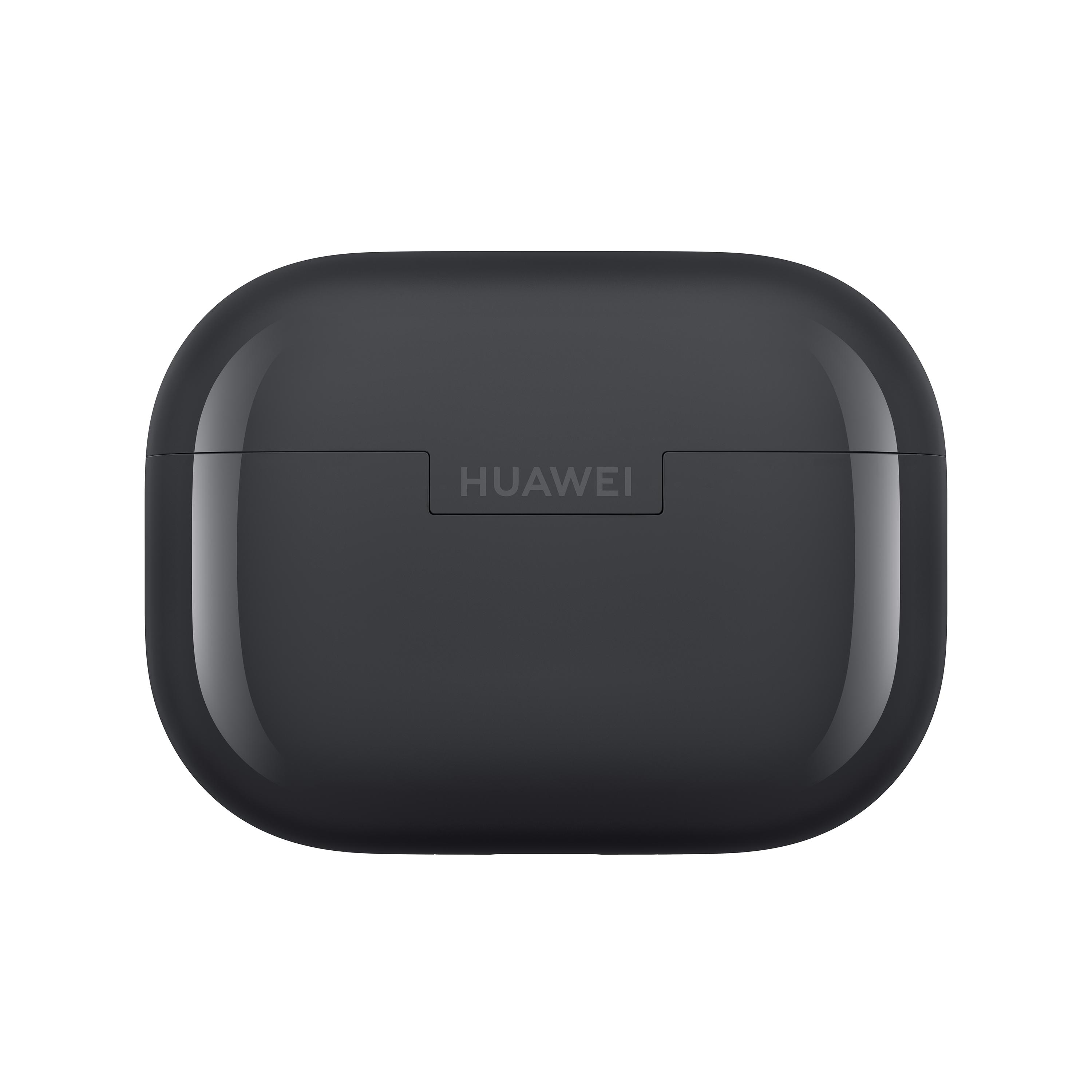 Ein schwarzes, glänzendes Huawei-Kopfhörer-Etui ist zentriert. Der Markenname ist auf der Vorderseite zu sehen. Der Hintergrund ist weiß.