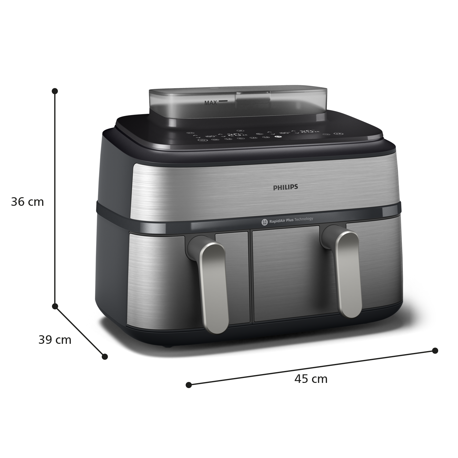 Frytownica beztłuszczowa Philips ze srebrnym i czarnym wykończeniem. Ma dwie komory z uchwytami, wymiary są podane.