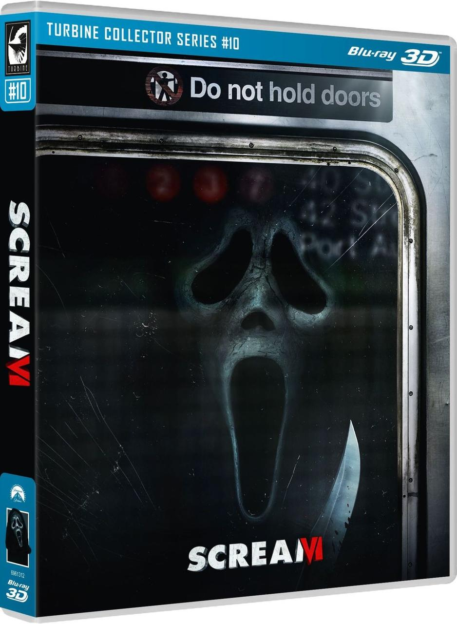 Blu-ray-Hülle für Scream VI. Mit Geistermaske, Messer und den Worten „Do not hold doors“.