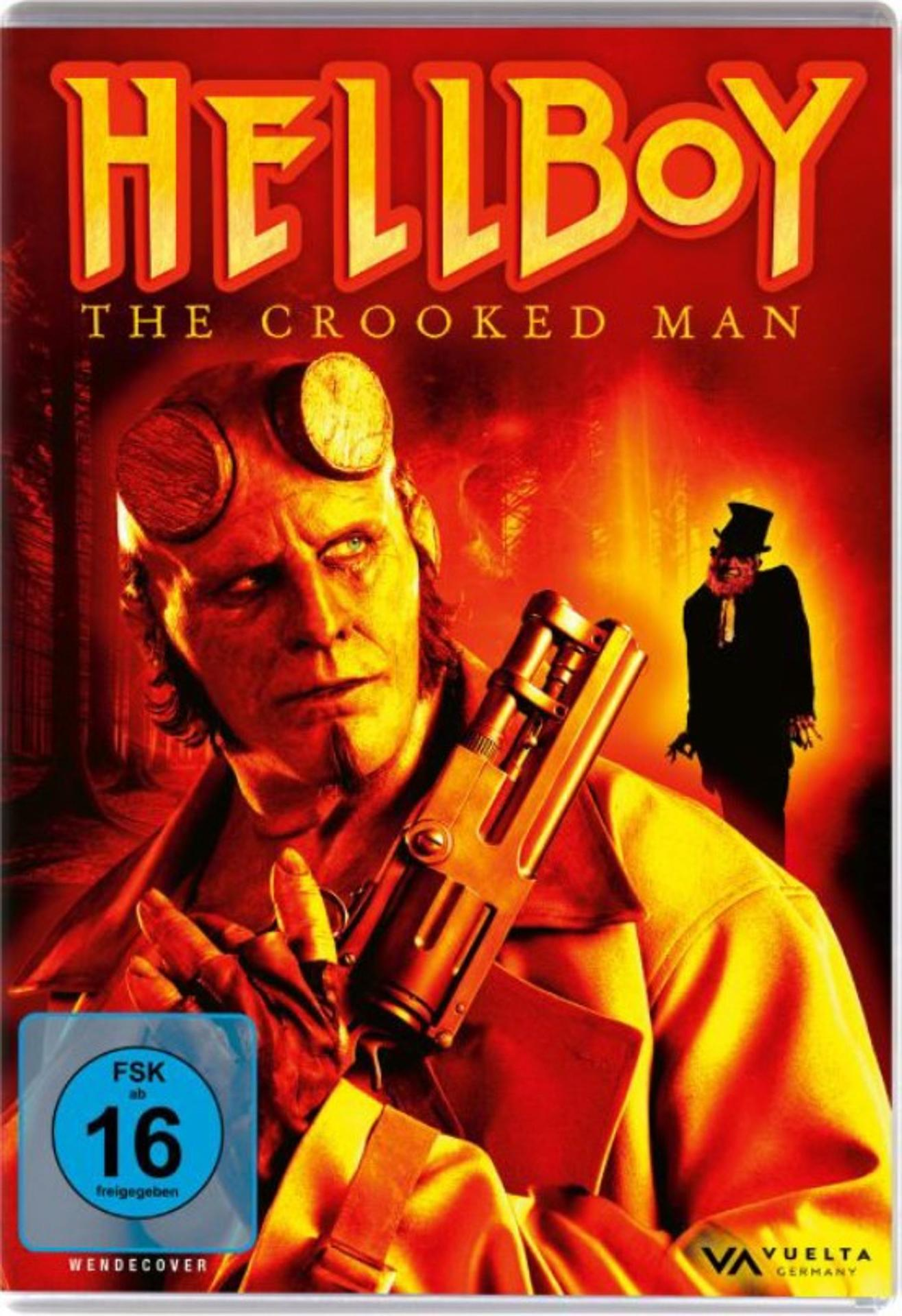 Hellboy-Filmcover. Hellboy hält eine Waffe; eine schattenhafte Figur ist im Hintergrund. Der Titel ist gelb. Der Hintergrund ist rot.
