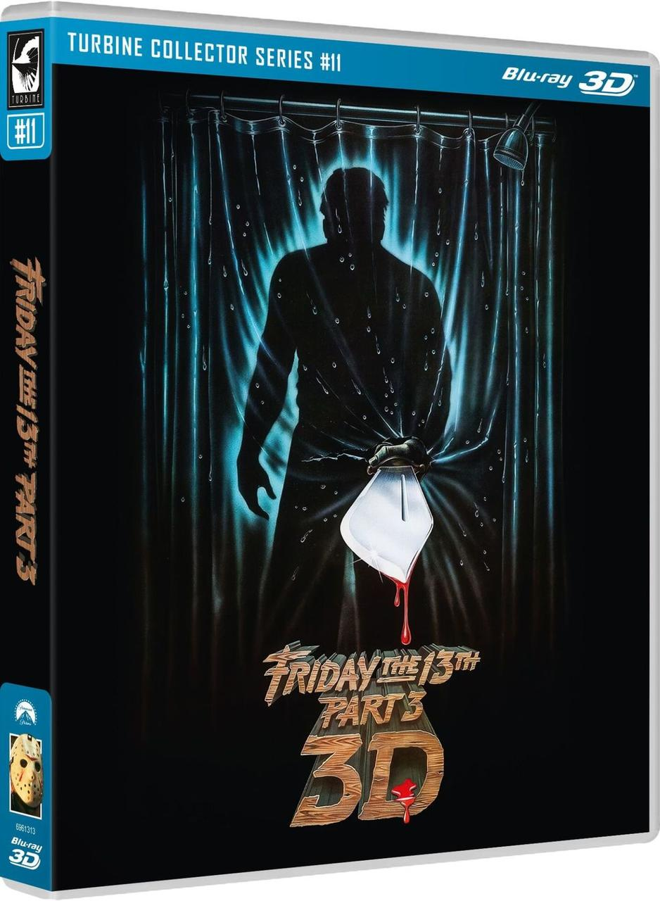 Cover-Art für Freitag der 13. Teil 3. Silhouette eines Mannes, der eine Waffe hinter einem Duschvorhang hält, mit tropfendem Blut.