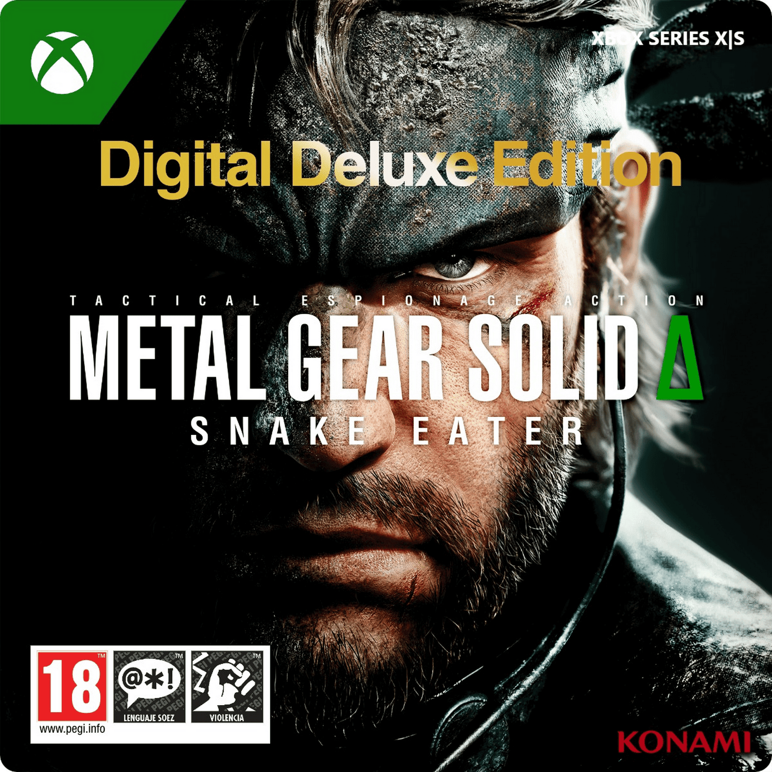 Portada de Metal Gear Solid Δ Snake Eater. Cara de hombre, texto Digital Deluxe Edition. Logotipo Xbox Series X|S, logotipo Konami e iconos de clasificación por edad.