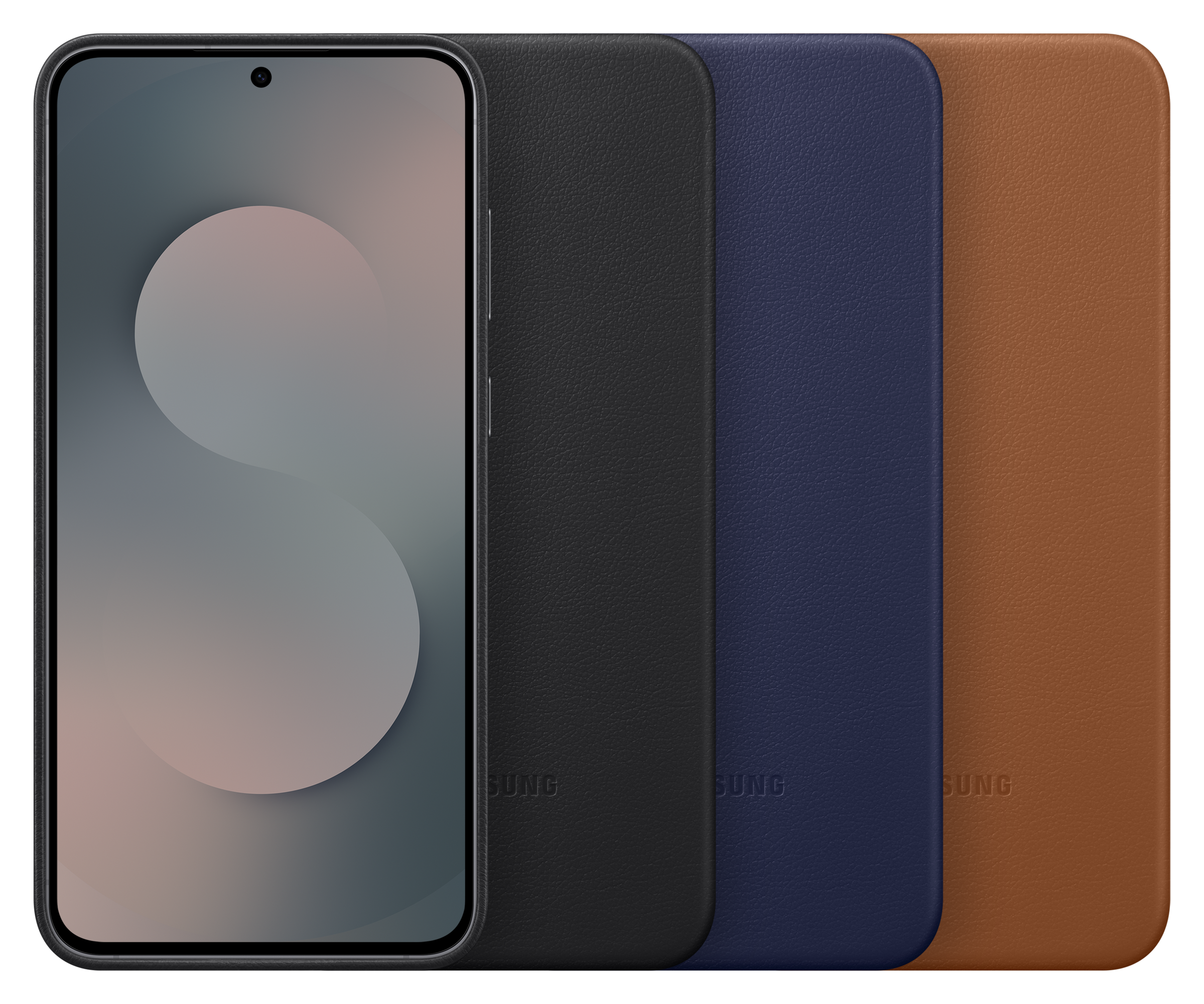 Telefon z zakrzywionym ekranem obok czarnych, granatowych i brązowych skórzanych etui. Ekran ma gradient.