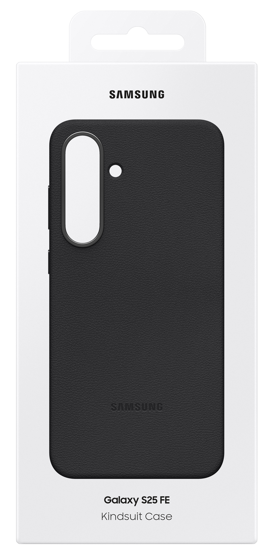 Czarny pokrowiec Samsung Galaxy S25 FE Kindsuit w białym pudełku. Etui ma otwór na aparat i teksturowaną powierzchnię.