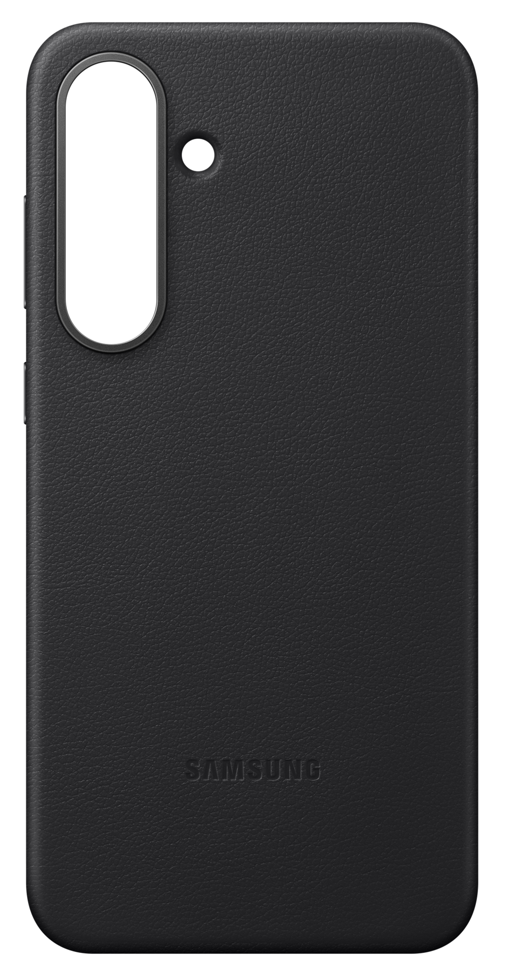 Czarny skórzany pokrowiec na telefon. Ma wycięcie na aparat i wytłoczone słowo SAMSUNG na dole. Tło jest czarne.