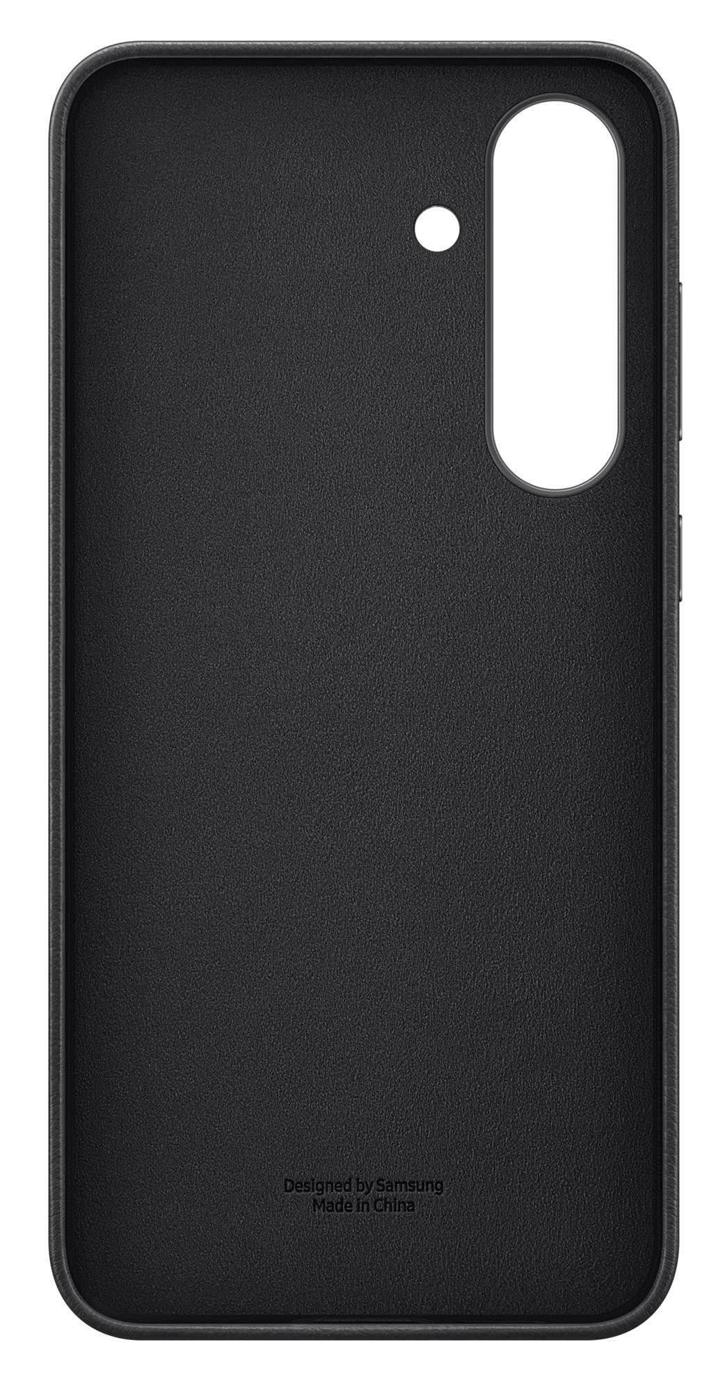 Czarna obudowa telefonu. Ma wycięcie na aparat i małą kropkę. Zaprojektowane przez Samsung, wyprodukowane w Chinach.