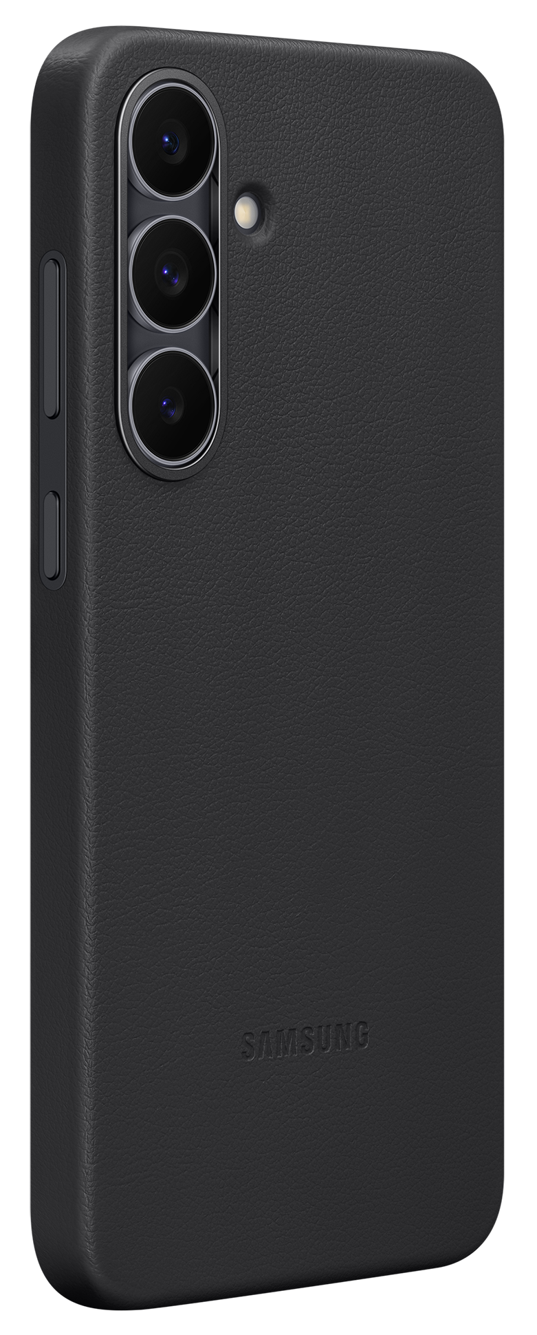 Czarny futerał na telefon. Posiada trzy obiektywy aparatu, lampę błyskową i przycisk głośności. Etui ma teksturowaną powierzchnię i logo Samsung.