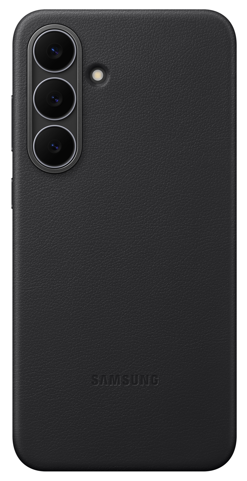 Czarny futerał na telefon, pokazujący układ kamery i lampę błyskową. Logo Samsung znajduje się na dole. Tło jest czarne.