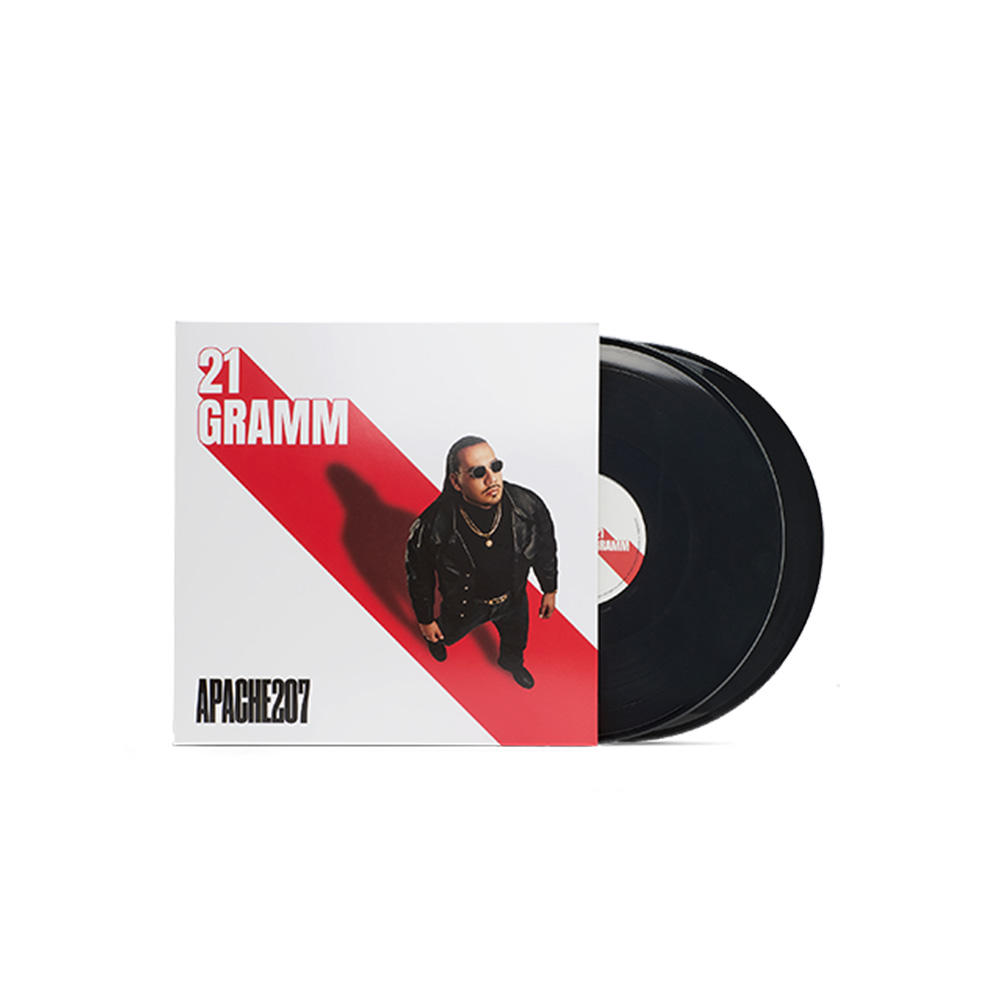 Ein Vinyl-Schallplattencover mit einem Mann mit Sonnenbrille. Der Albumtitel lautet "21 GRAMM" und der Künstler ist "APACHE207".