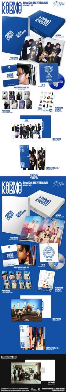 Stray Kids Album-Layout mit blauen und weißen Boxen, Fotos, Postkarten und einer CD. Enthält Gruppenfotos und Mitgliederporträts.