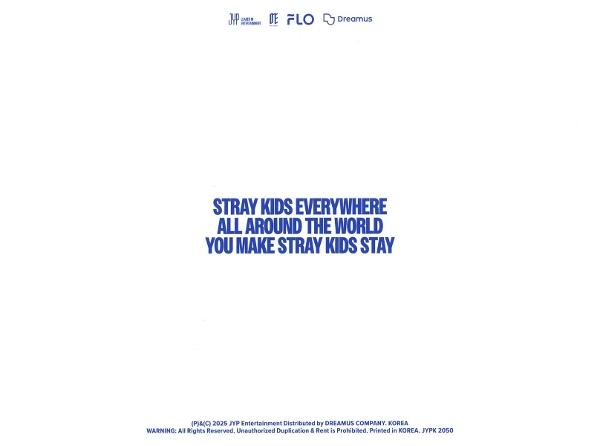 Weißer Hintergrund mit blauem Text: Stray Kids Everywhere, All Around the World, You Make Stray Kids Stay. Oben Logos.