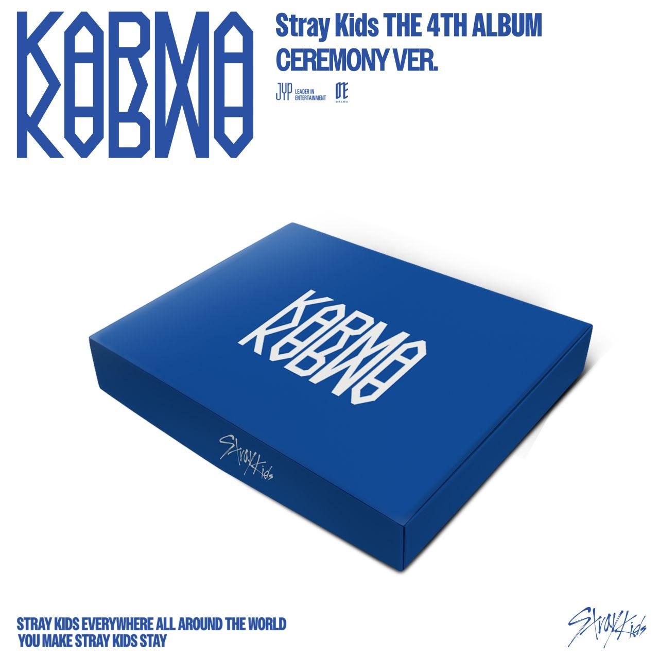 Blaue Box mit dem Wort 'Karma'. Der Text oben lautet 'Stray Kids THE 4TH ALBUM CEREMONY VER.'.