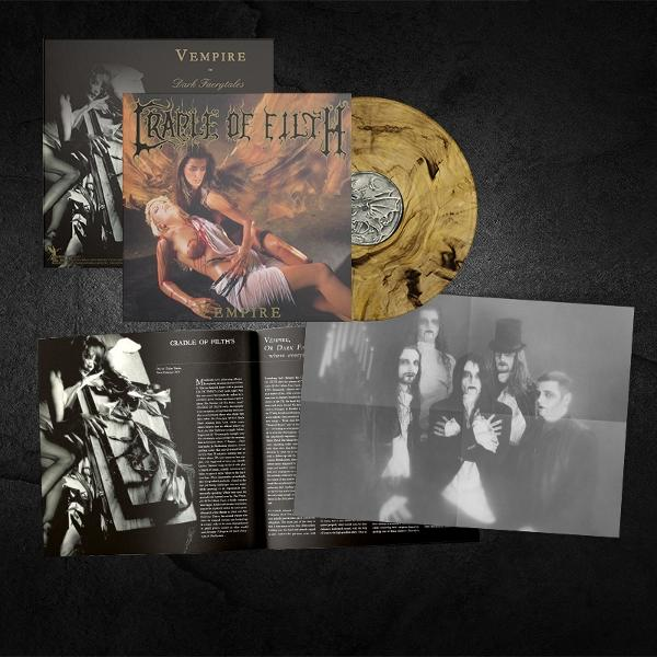 Album-Layout: Vinyl-Schallplatte mit Artwork, Bandmitglieder-Foto, Texten und Albumcover. Dunkles Thema mit Gothic-Bildern.
