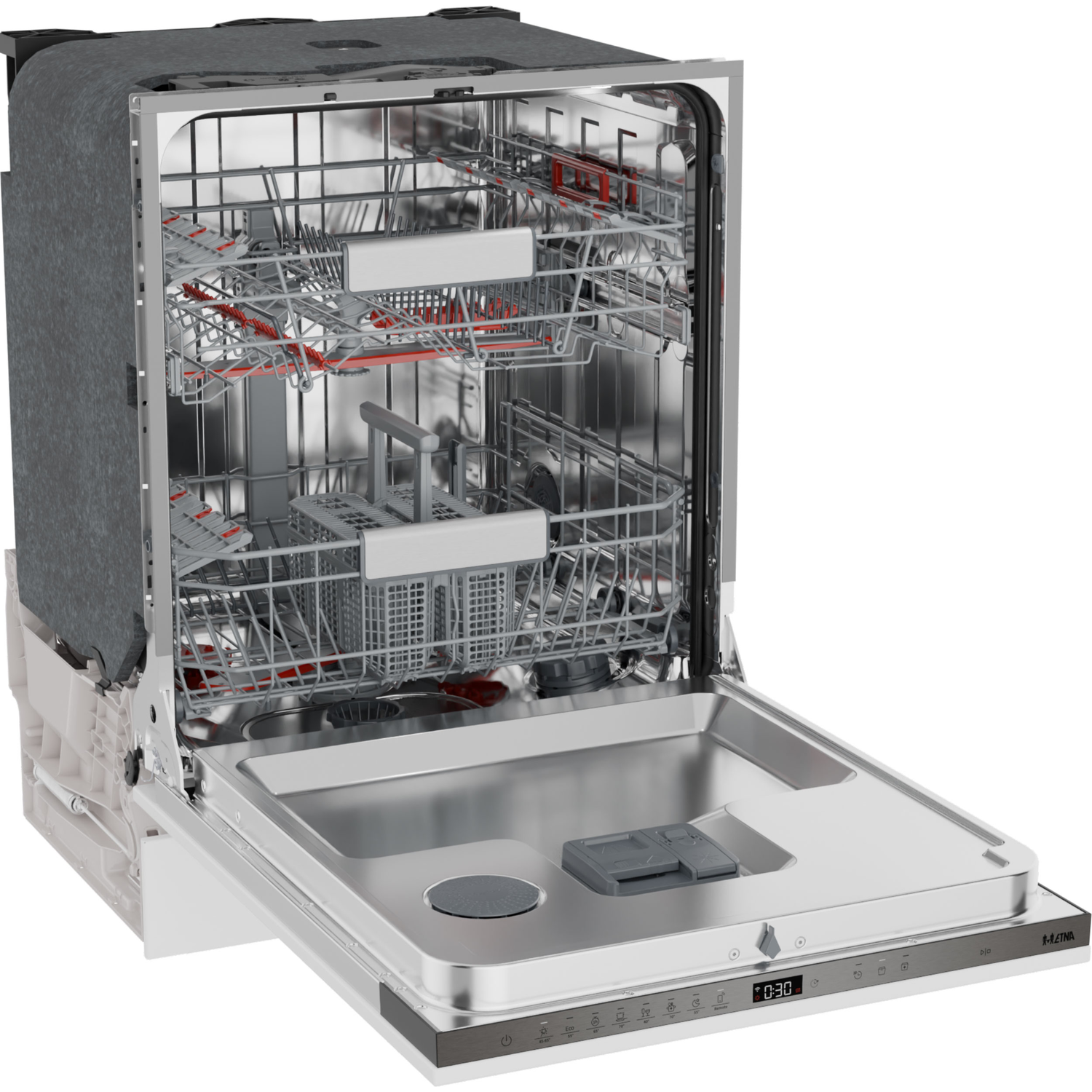 Open vaatwasser interieur met rekken. Grijze en rode plastic componenten. Roestvrijstalen interieur en deur. Bedieningspaneel met display.