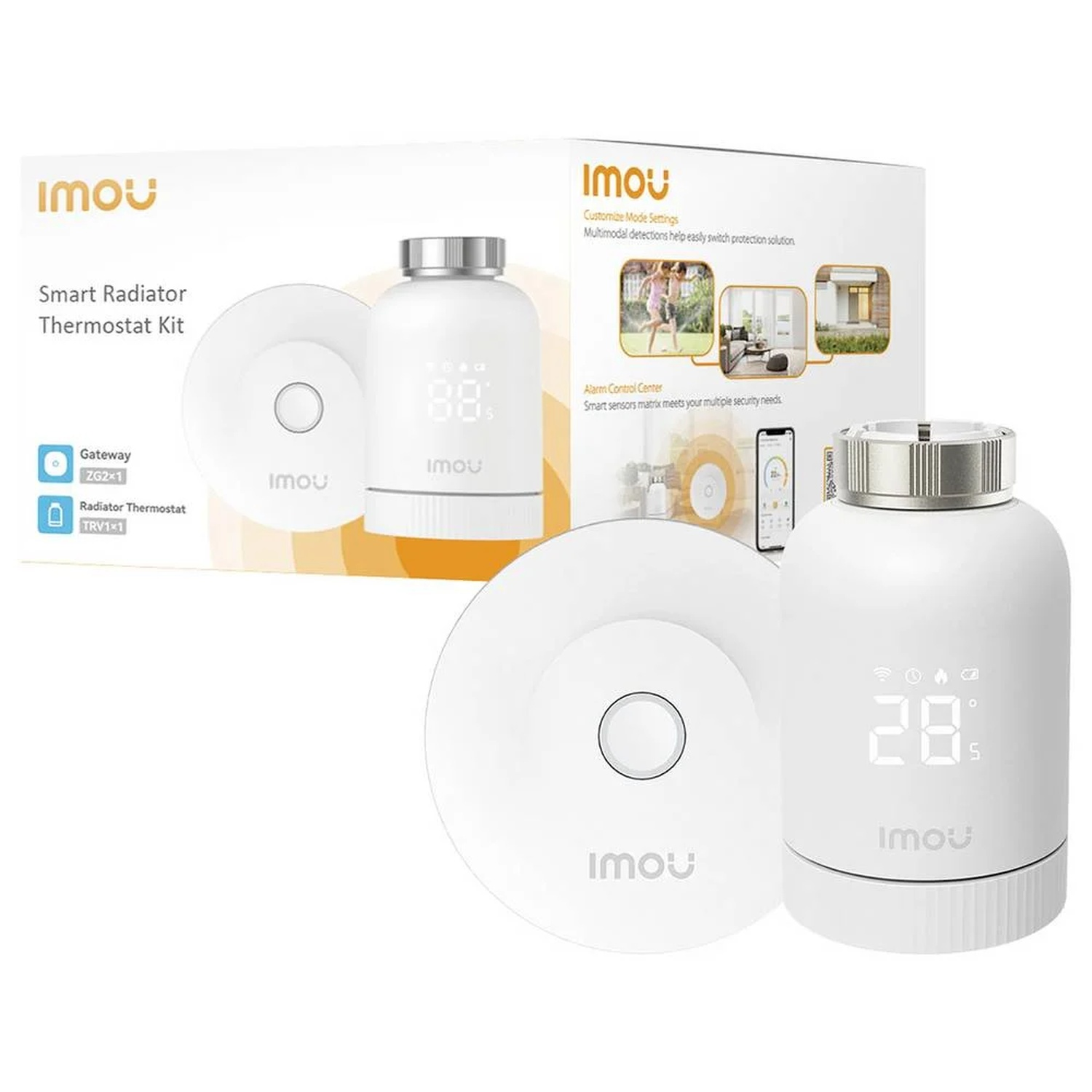White Imou smart radiator thermostat kit. Includes gateway, radiator thermostat, and packaging with product information.