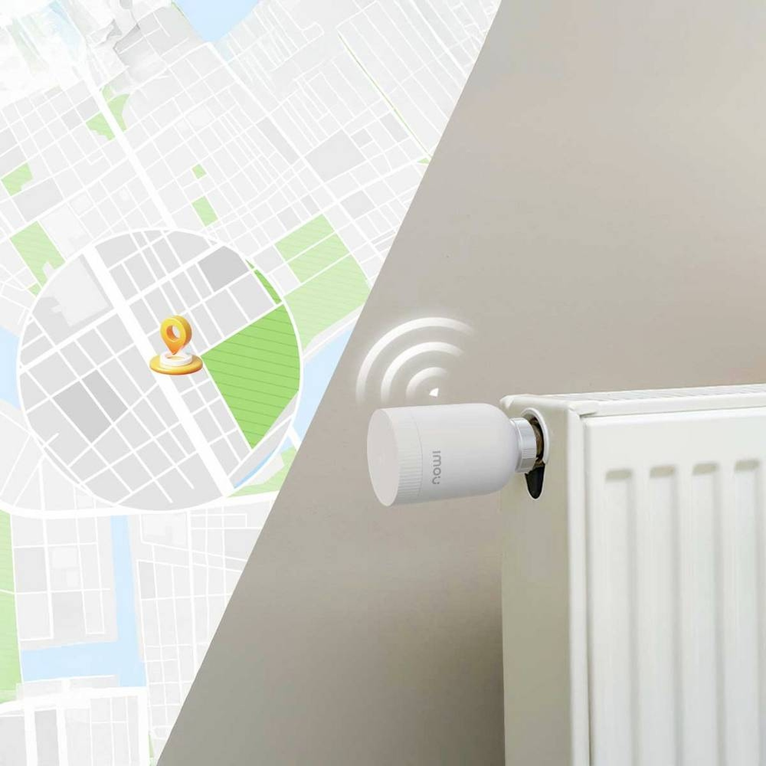 A white radiator with a smart thermostat. A map with a location pin is on the left. Wireless signal icons are near the thermostat.