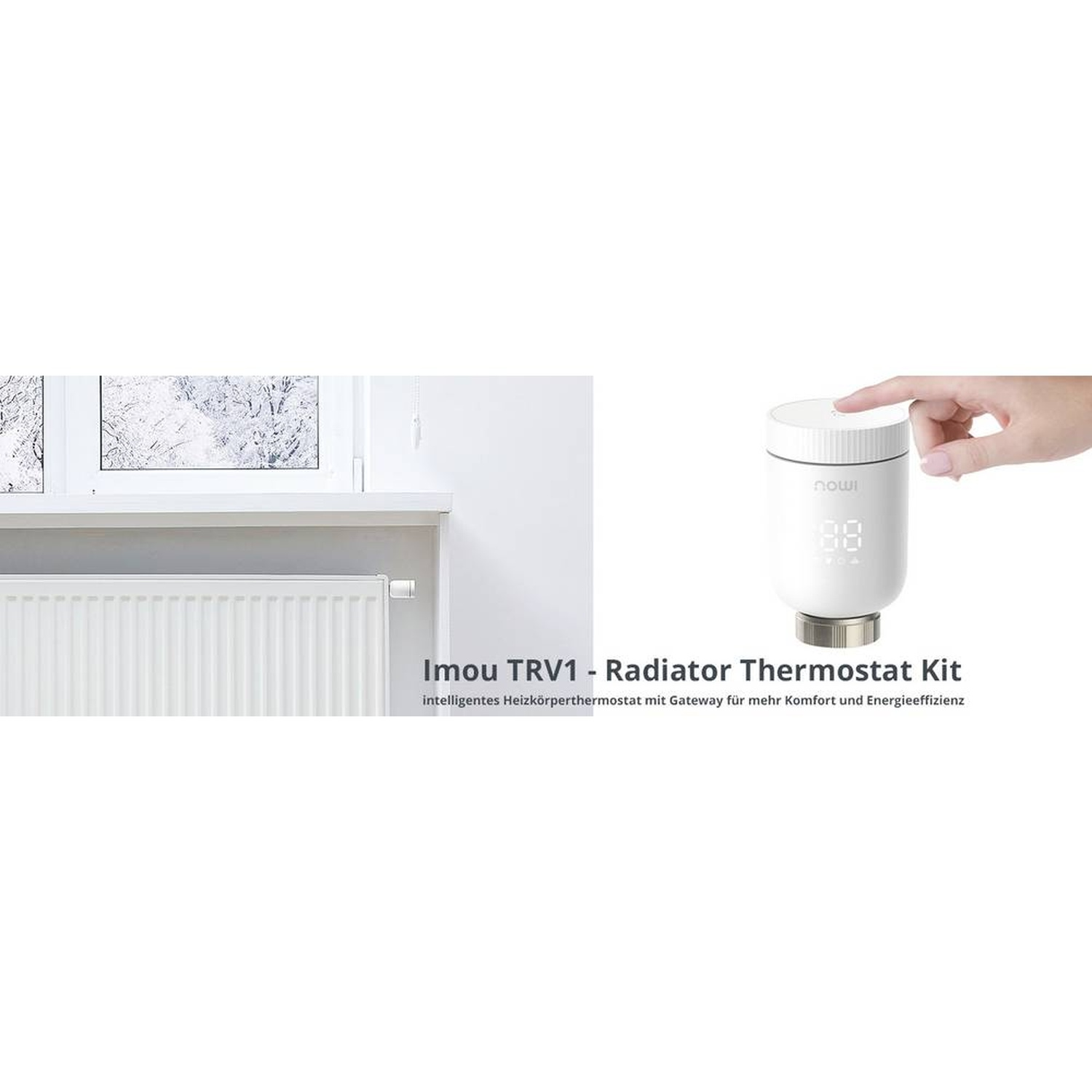 A white Imou TRV1 radiator thermostat kit. A hand is touching the top button. A window and radiator are in the background.