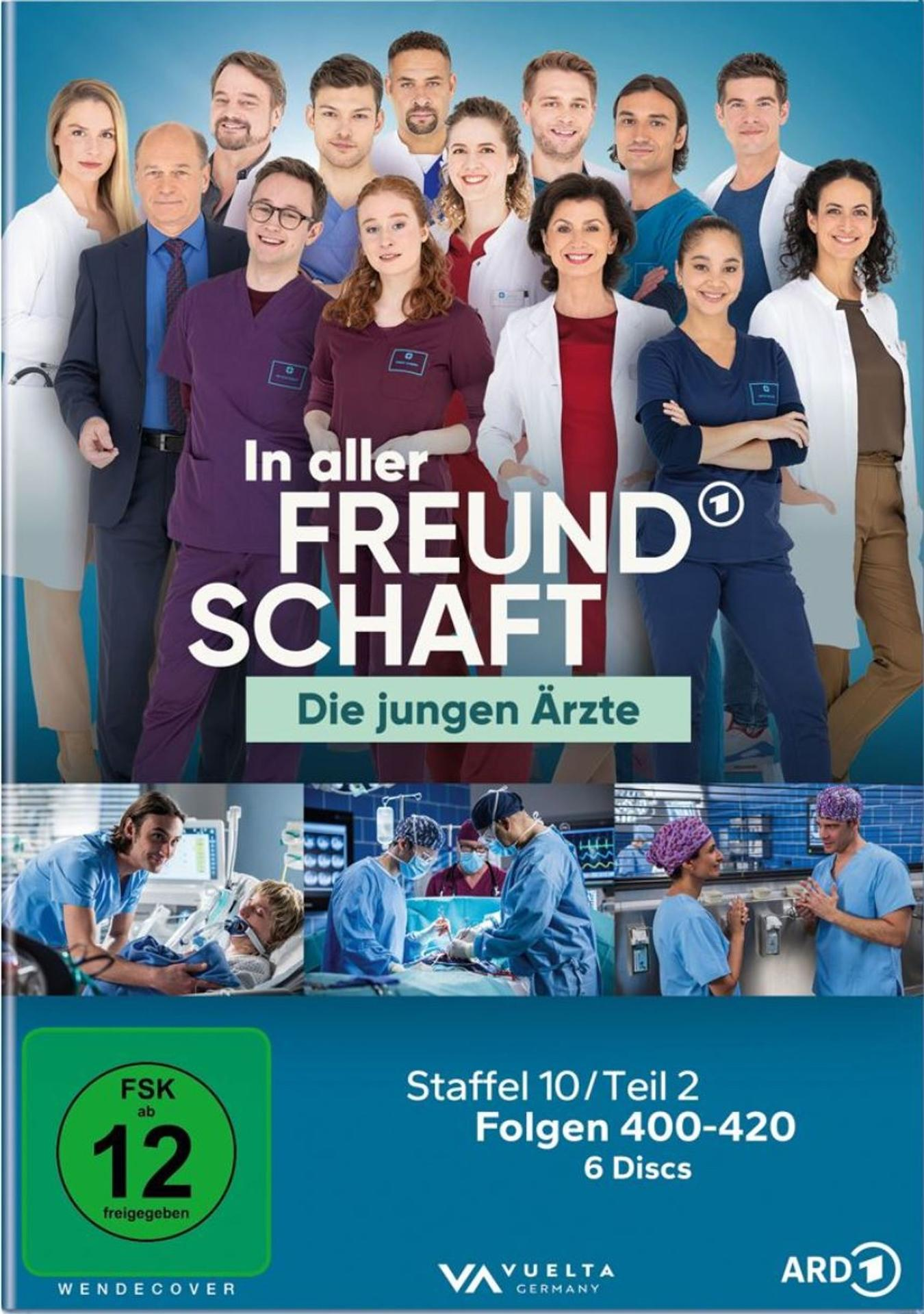 Cover für die deutsche Fernsehserie 'In aller Freundschaft - Die jungen Ärzte'. Zeigt die Schauspieler und medizinische Szenen.