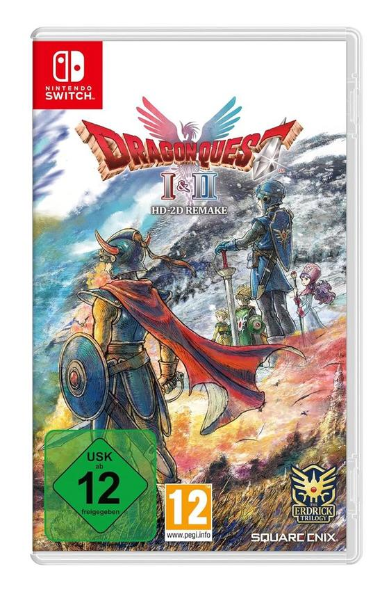 Eine Nintendo Switch-Spielbox. Das Cover zeigt Charaktere in Rüstungen. Der Titel lautet Dragon Quest I & II HD-2D Remake.