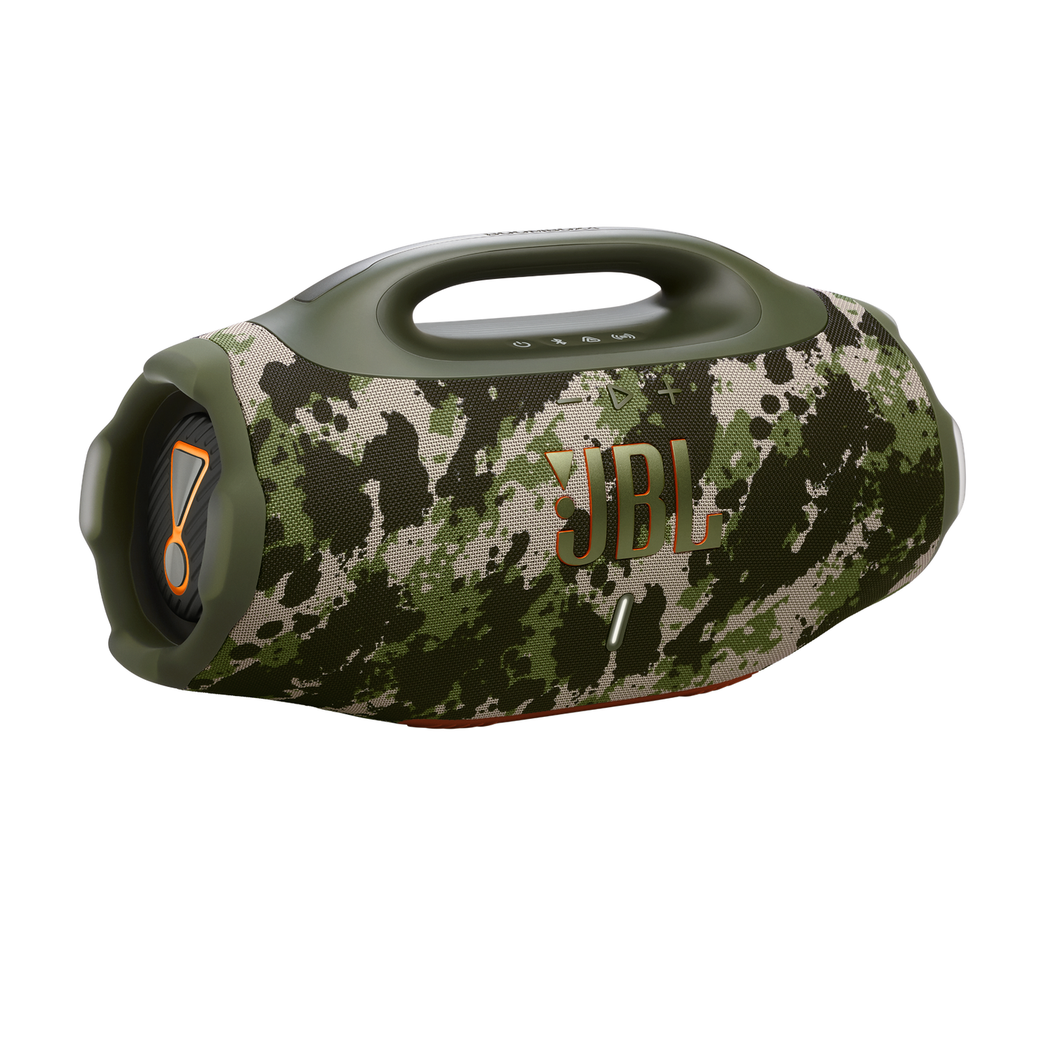 Une enceinte JBL Boombox avec un motif camouflage. Elle a une poignée et le logo JBL. Le fond est noir.