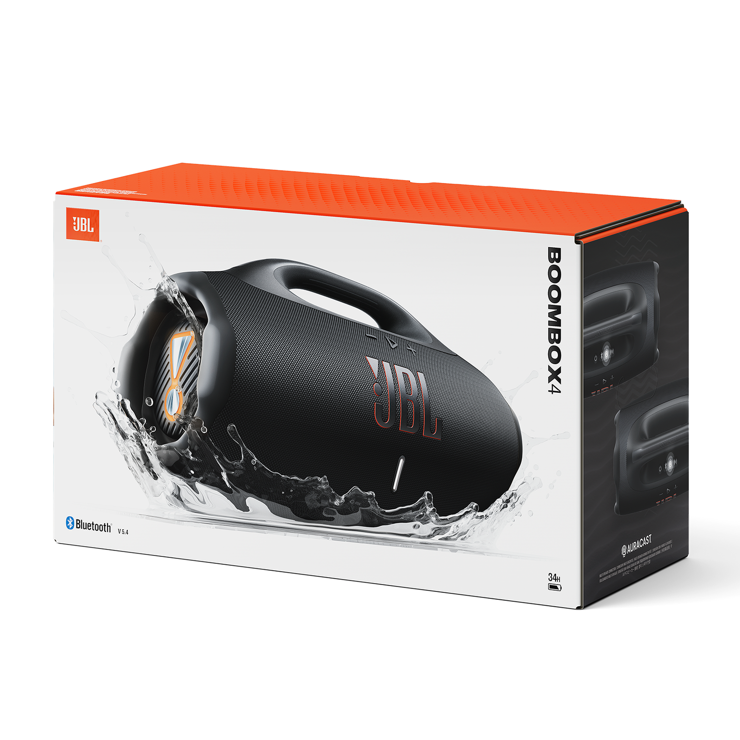 A JBL Boombox 4 speaker in its packaging. The box features the speaker with water splash effects. Logos and text are visible.