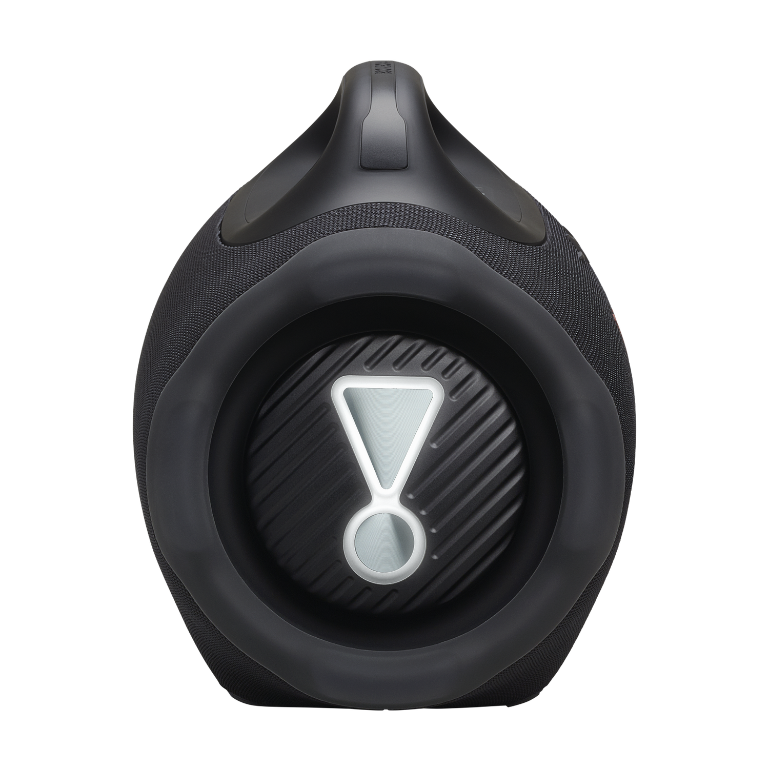 Black JBL speaker with a white exclamation mark logo on a black background. It has a handle on top.