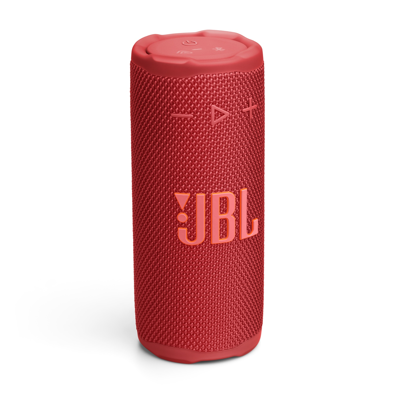Un haut-parleur JBL rouge sur fond blanc. Cylindrique, avec boutons volume et marche/arrêt. Logo JBL visible.