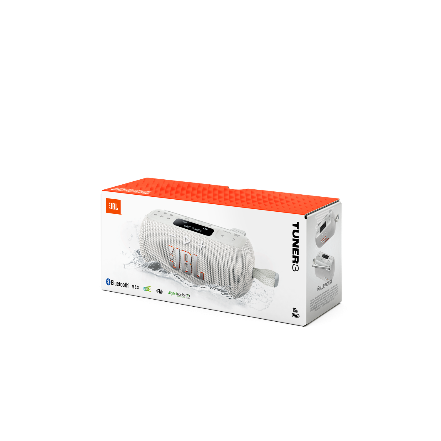 A white JBL Tuner 3 speaker in its box. The box is white with an orange top and black background. Bluetooth and DAB are visible.