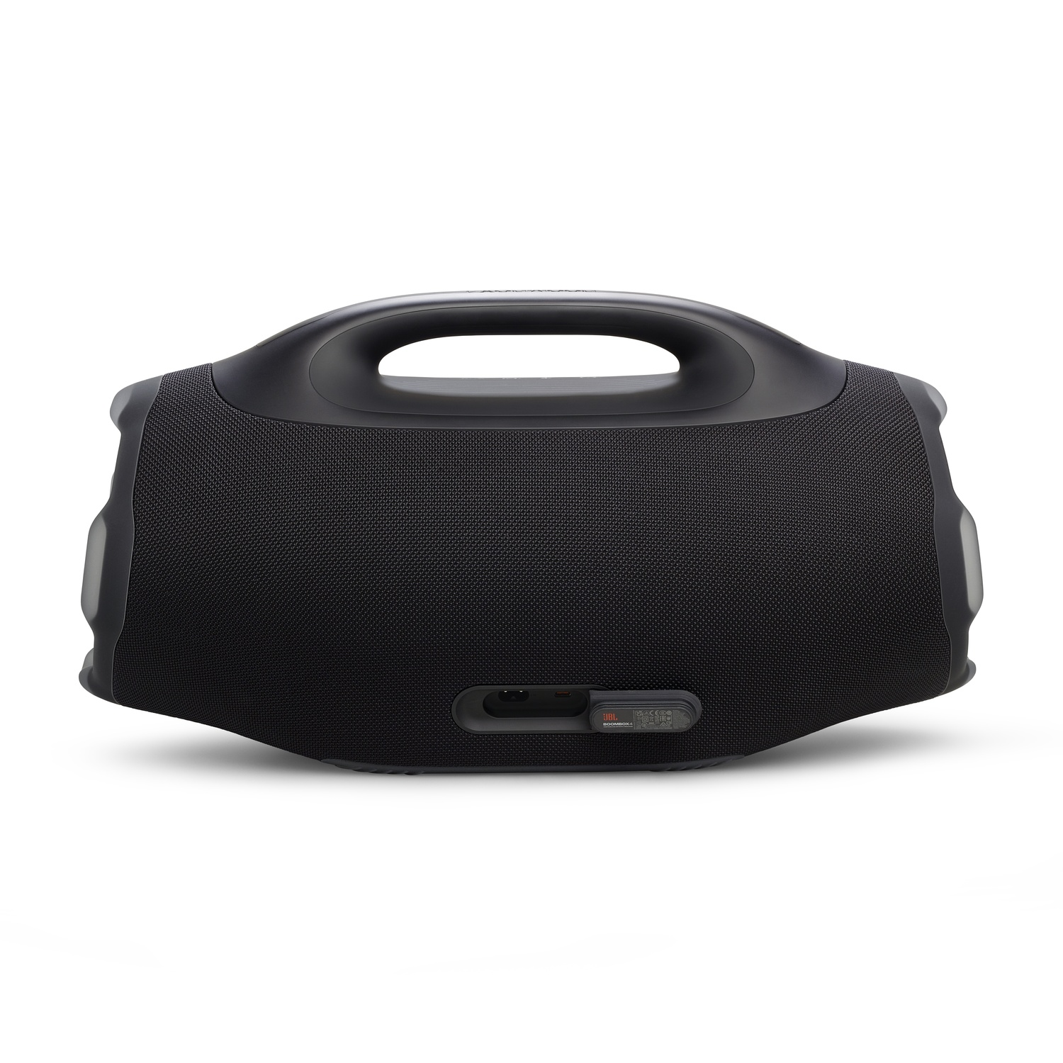 A black JBL Boombox speaker with a handle on top. The speaker has a mesh fabric front and a control panel on the back.