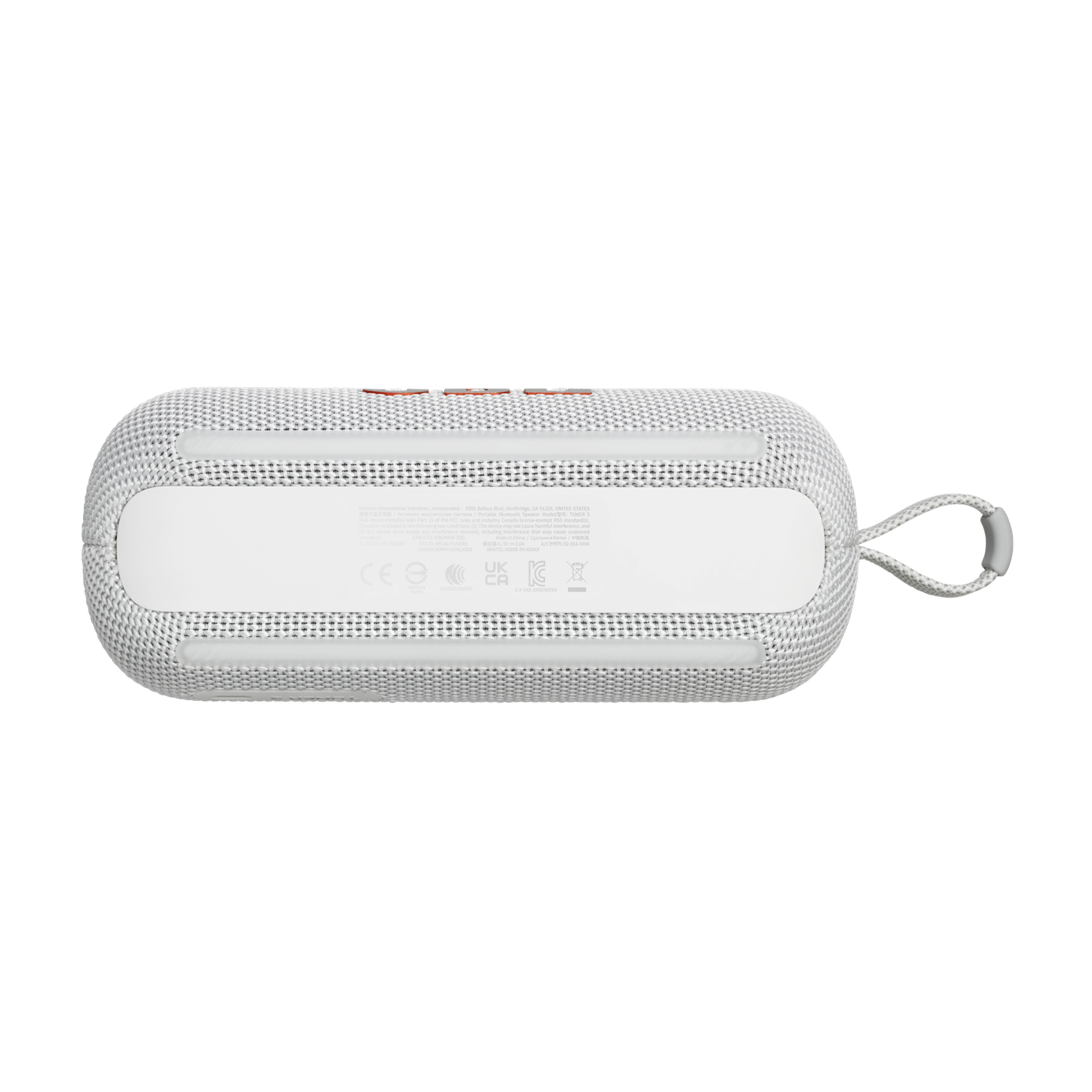 White and gray portable speaker with a handle. The speaker has a fabric-like texture. The background is black.