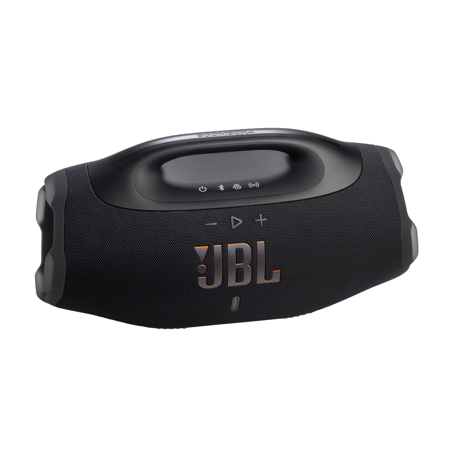 Black JBL Boombox speaker. It has a handle, volume controls, and the JBL logo. The background is black.