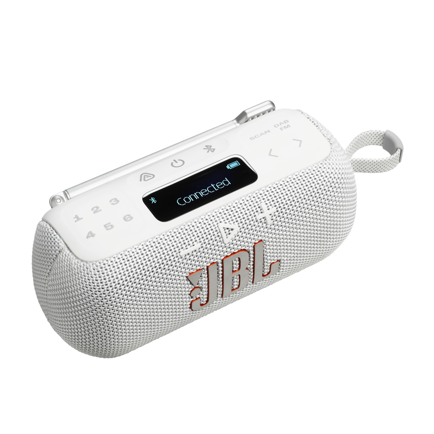 A white JBL speaker with a screen showing 'Connected'. It has buttons and a strap. The JBL logo is prominent in orange.