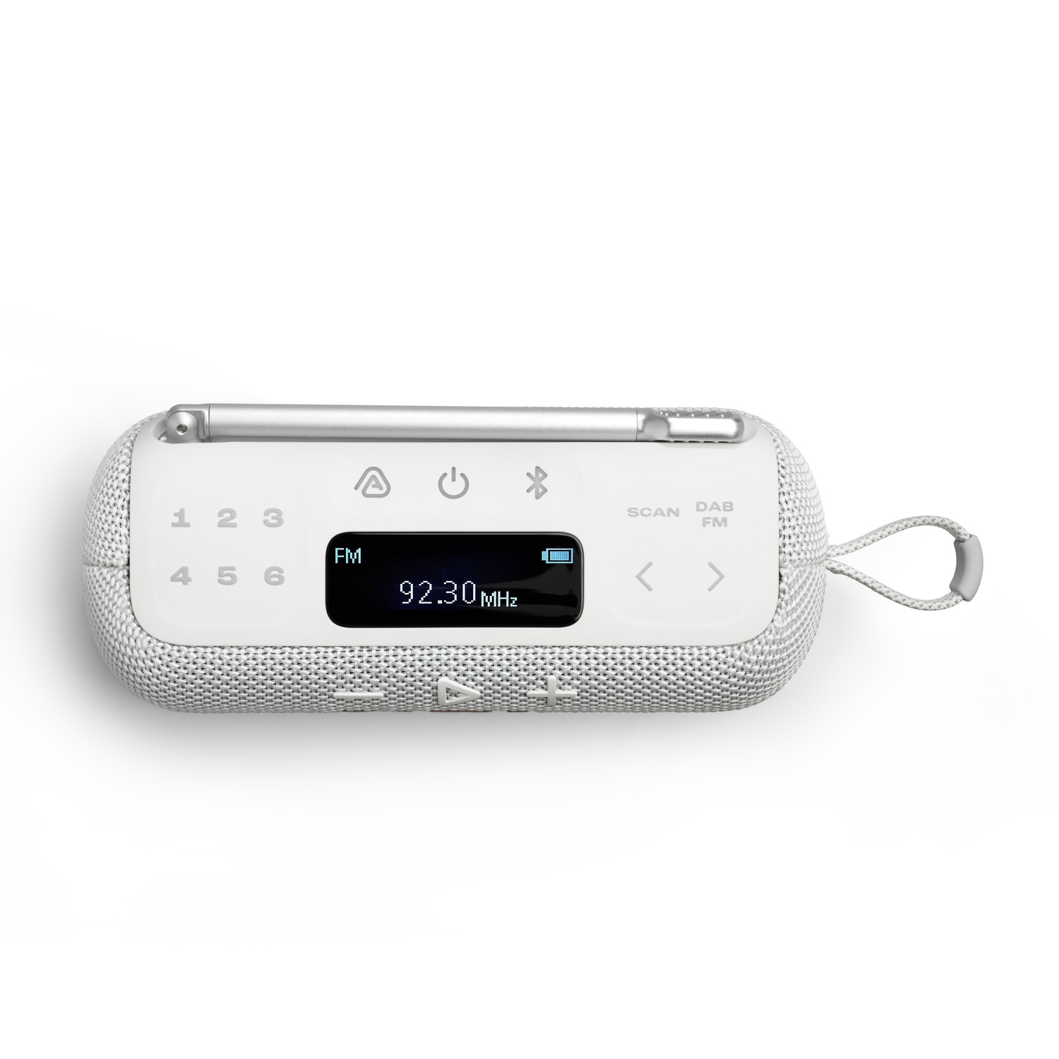 White and gray portable radio, showing 92.30 MHz on screen. Features buttons, antenna, and a carrying loop. Isolated on white background.