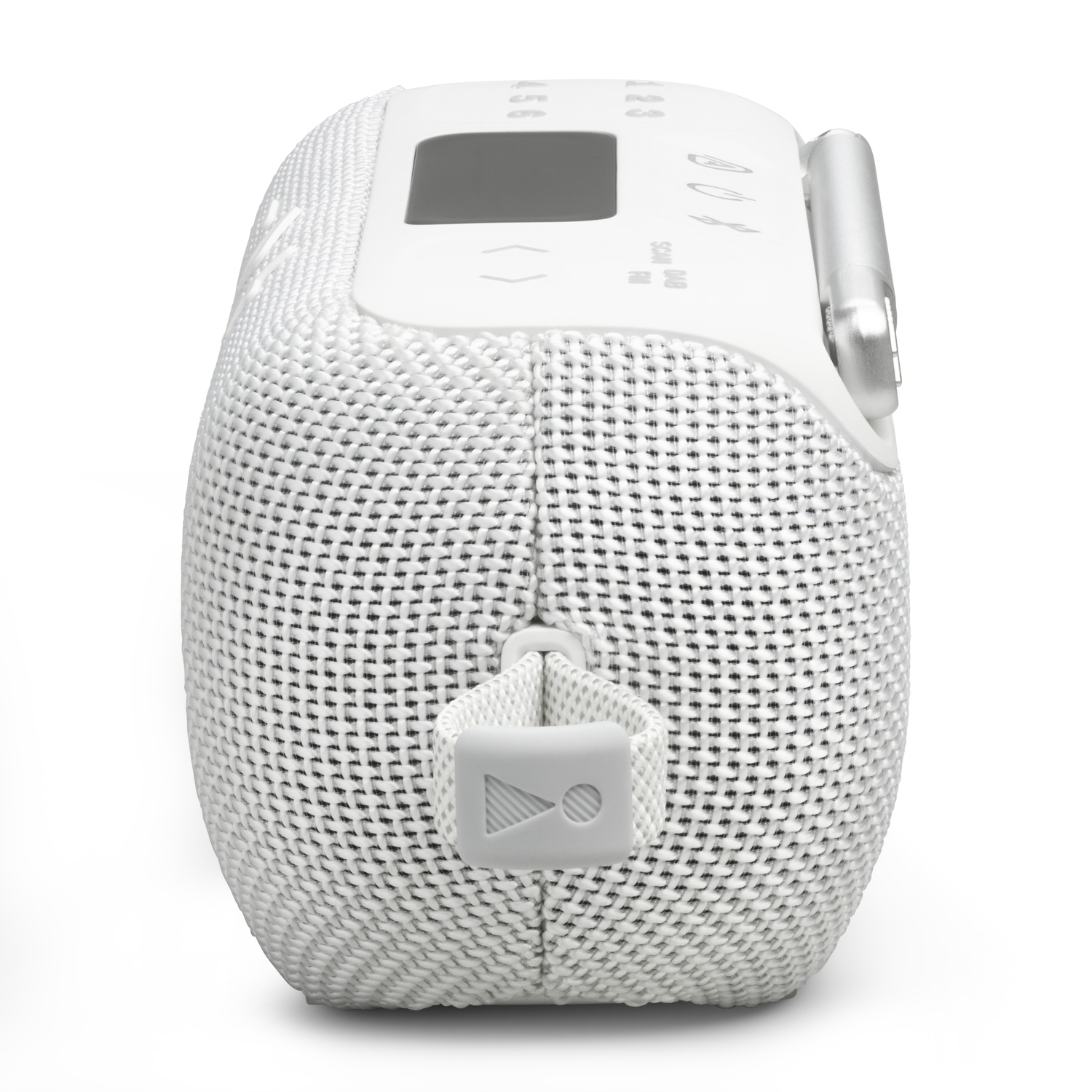A white, cylindrical speaker with a woven texture. It has a handle and buttons on top. The JBL logo is visible on the handle.
