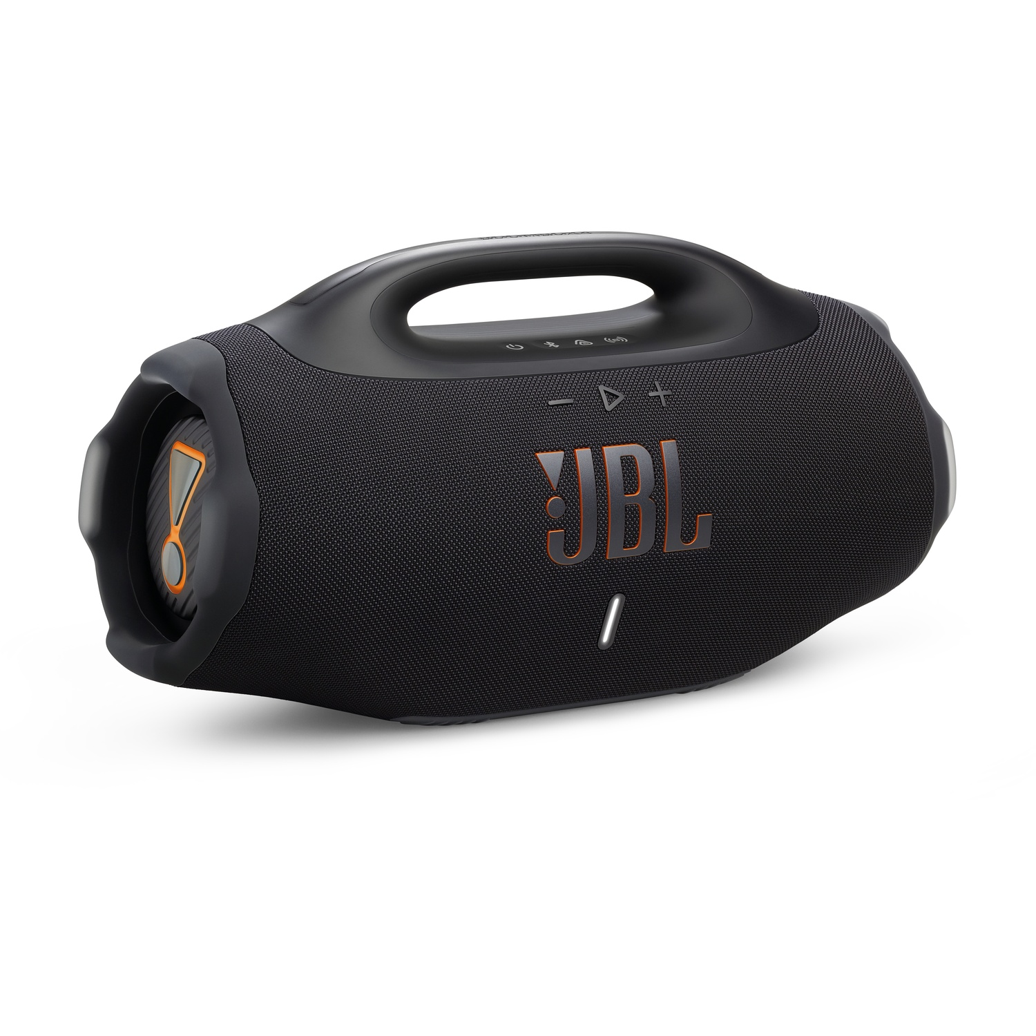 A black JBL Boombox speaker with orange accents. It has a handle on top and control buttons. The JBL logo is visible.
