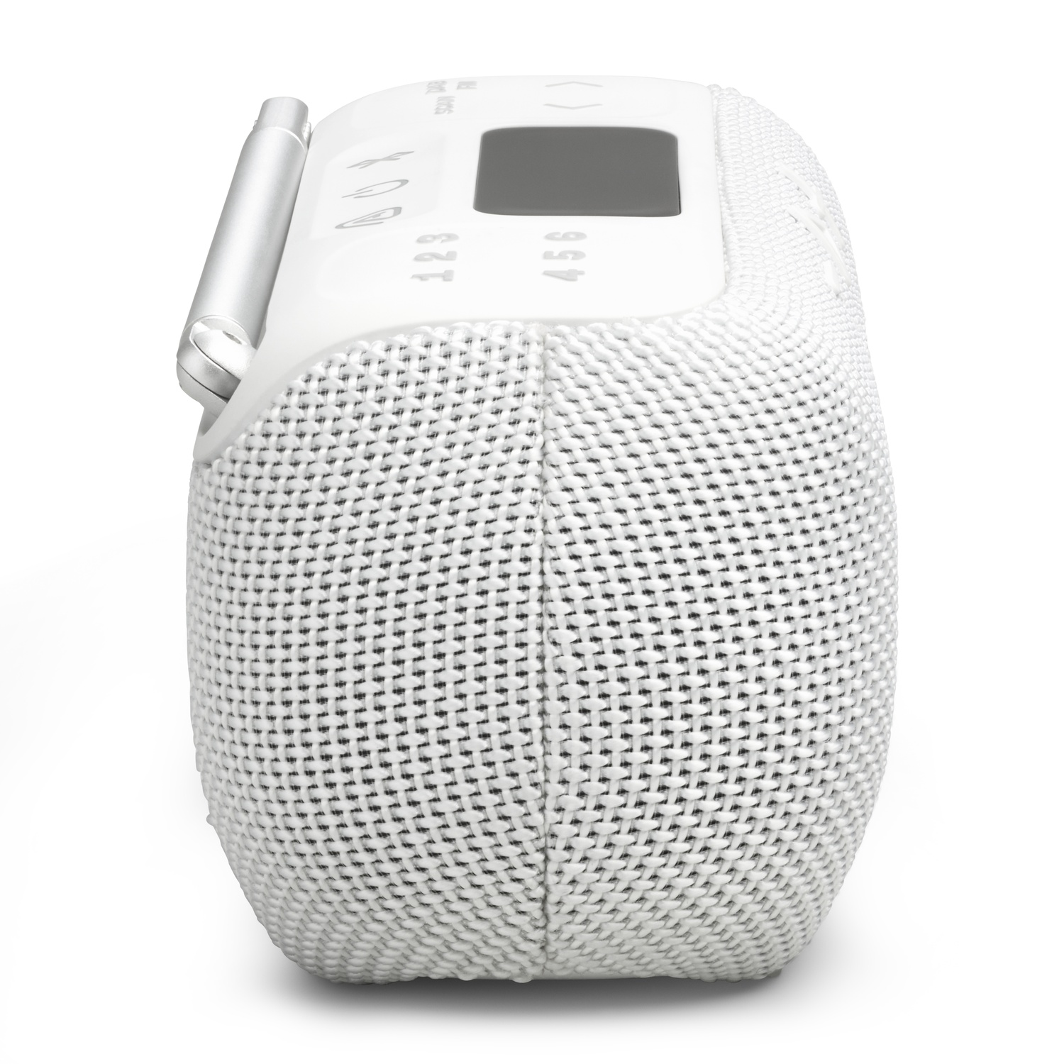 A white radio with a woven texture. It has a display, control buttons, and a silver antenna. The top surface has numbers and symbols.