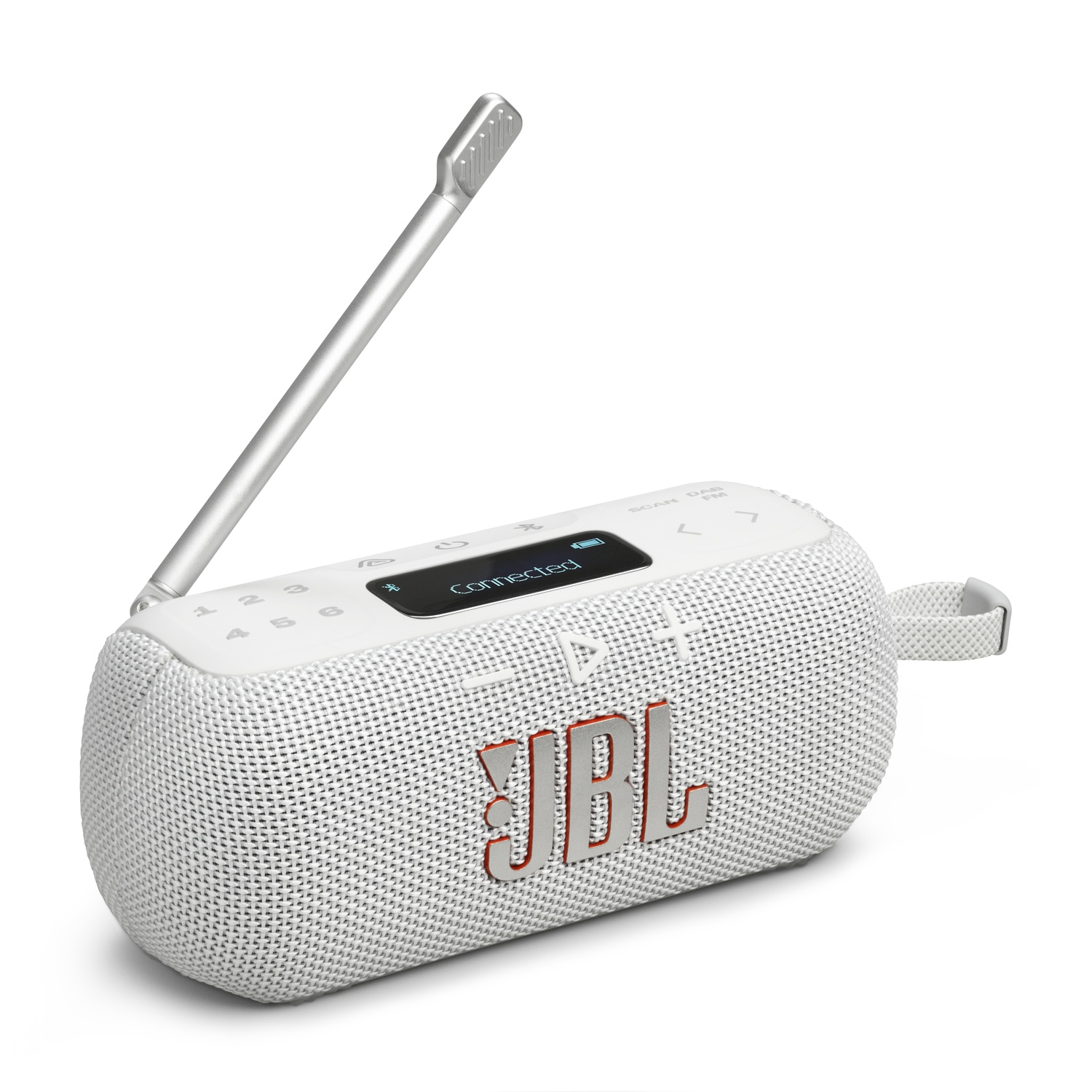 A white JBL speaker with a silver antenna is on a white background. The speaker displays "Connected." The JBL logo is red.