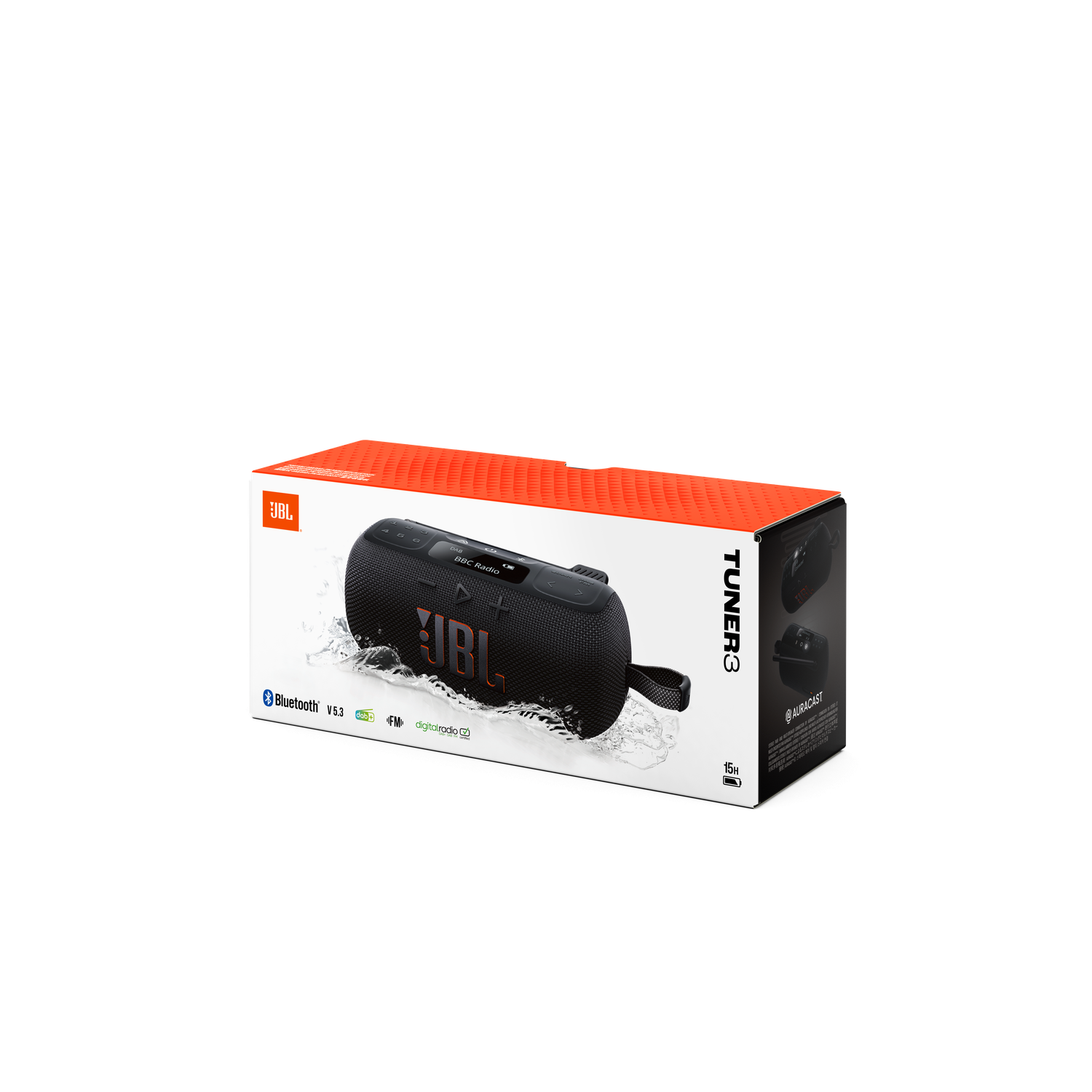 Een zwarte JBL Tuner 3 luidspreker in zijn doos, met waterspat effect. De doos is wit en oranje, met productdetails en logo's.