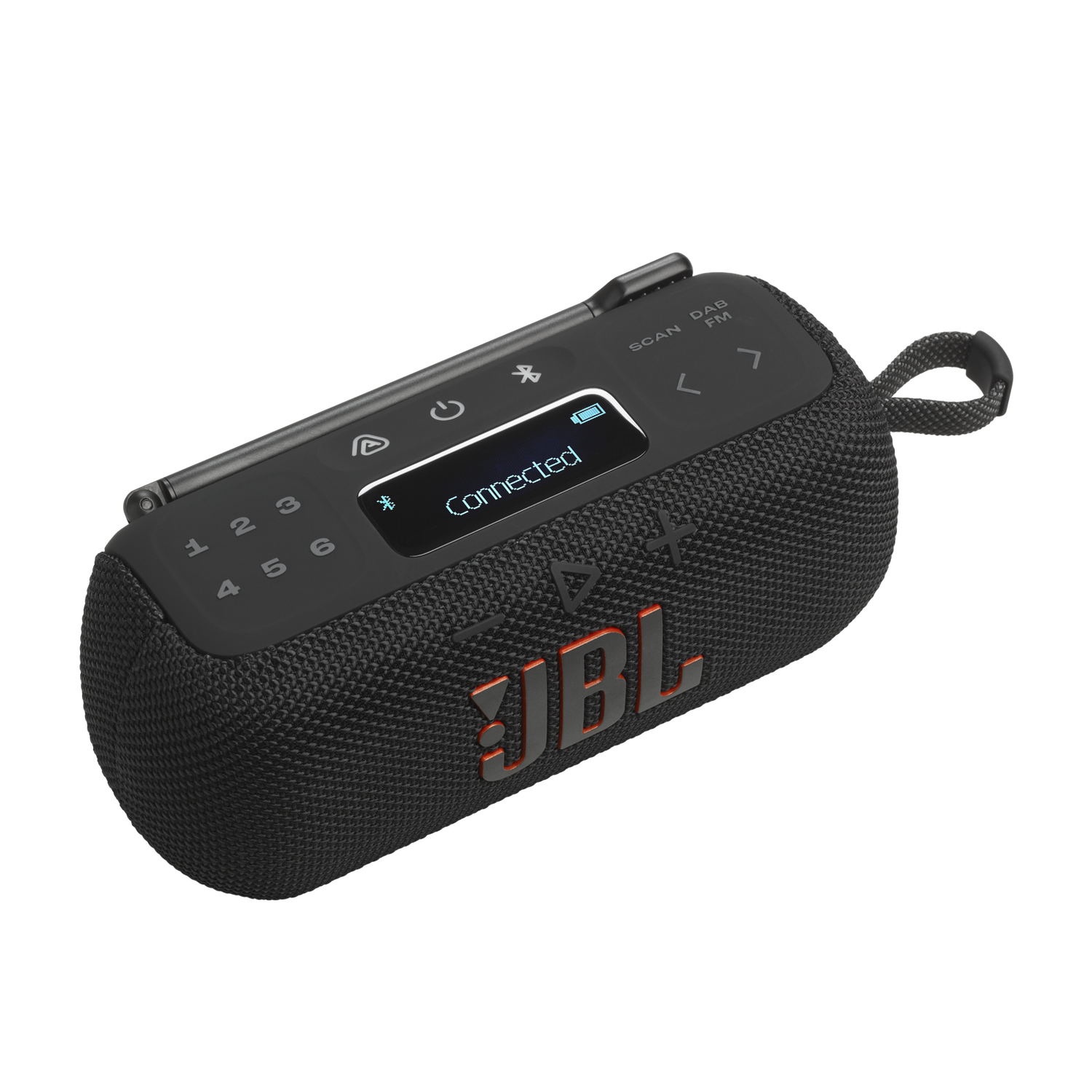 Een zwarte JBL-luidspreker met een scherm met 'Verbonden'. Het heeft knoppen, een handvat en het JBL-logo in oranje.