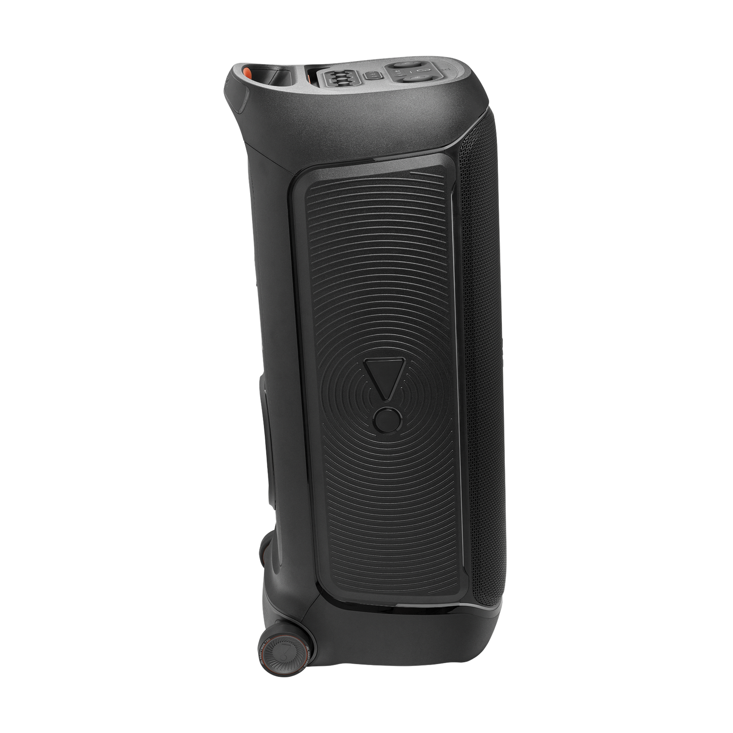 A black JBL speaker stands upright against a black background. It has a central control panel, a mesh side, and a wheel at the bottom.
