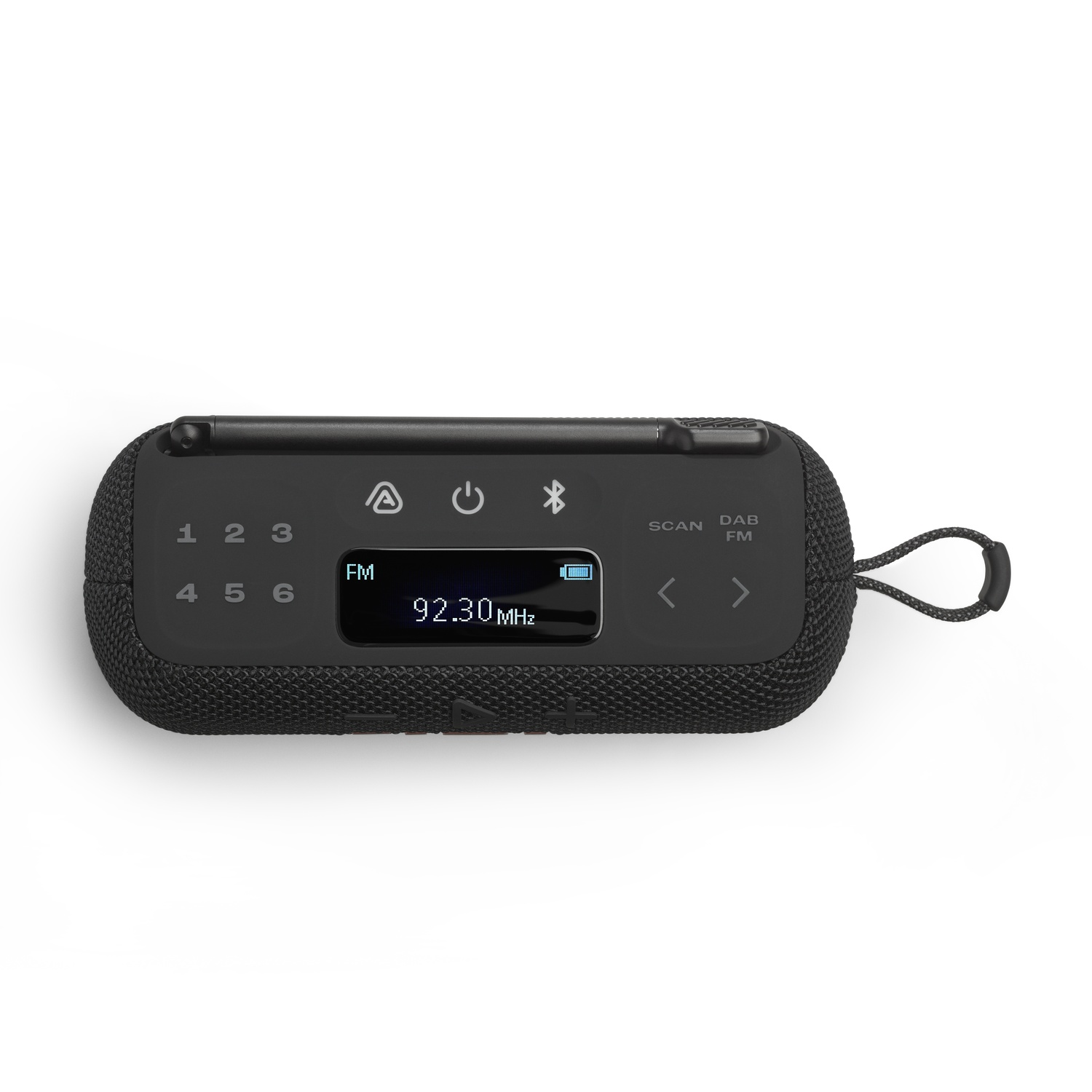 Een zwarte digitale radio met een klein scherm met 92,30 MHz en functieknoppen.